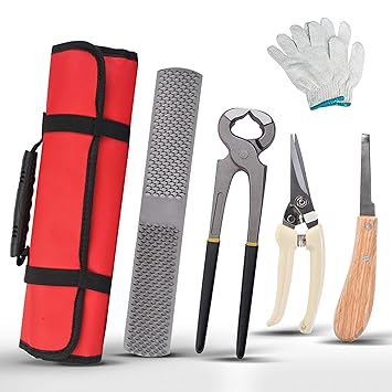JIOU JIA Horses Farrier Hoof Tool Kit - Hoof Trimmer Horse Hoof Rasp Cutter Set Horseshoe Pliers File Equestrian Supplies with Roll Bag - for Horses Cattle Sheep and Donkeys Supplied