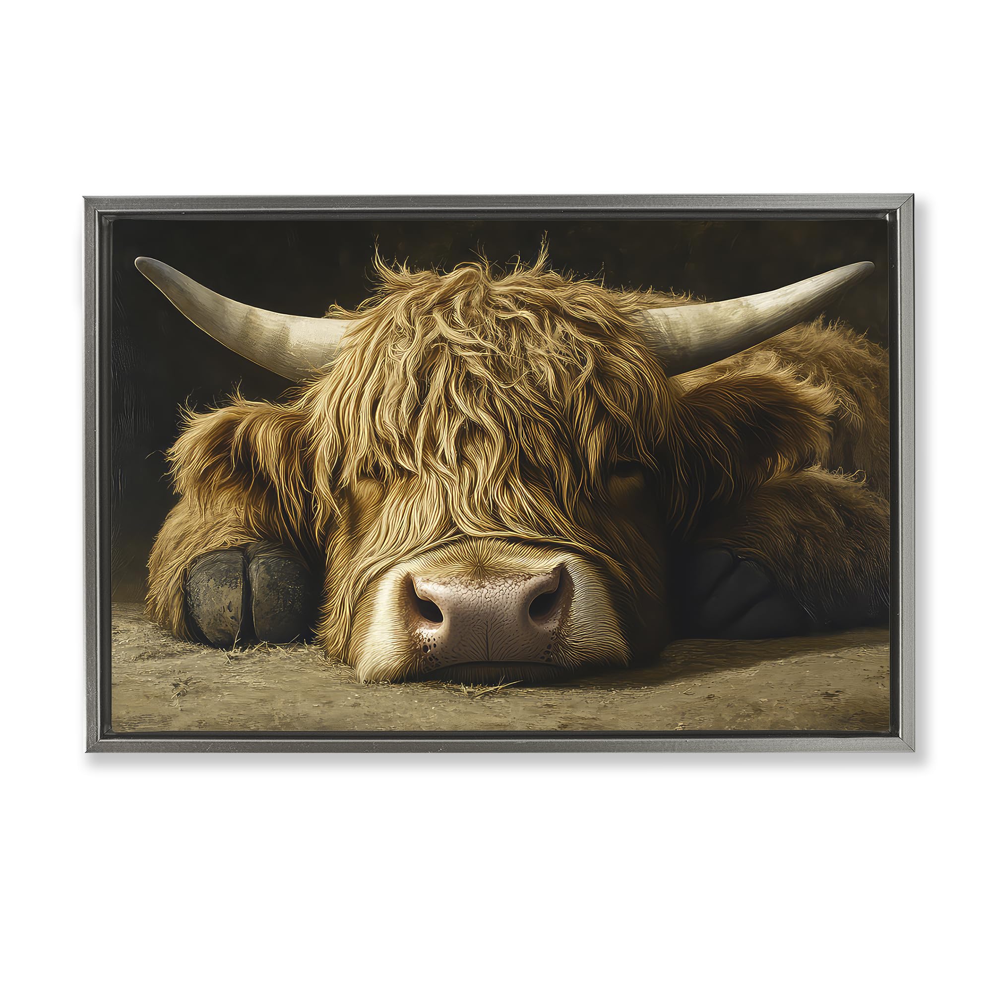 Stupell Industries 'Sleeping Highland Cow & Hoof', Floating Frame Canvas Art, Gray, 31 x 21 Inches, Easy to Hang and Sturdy, Made in USA, by The Wands Want