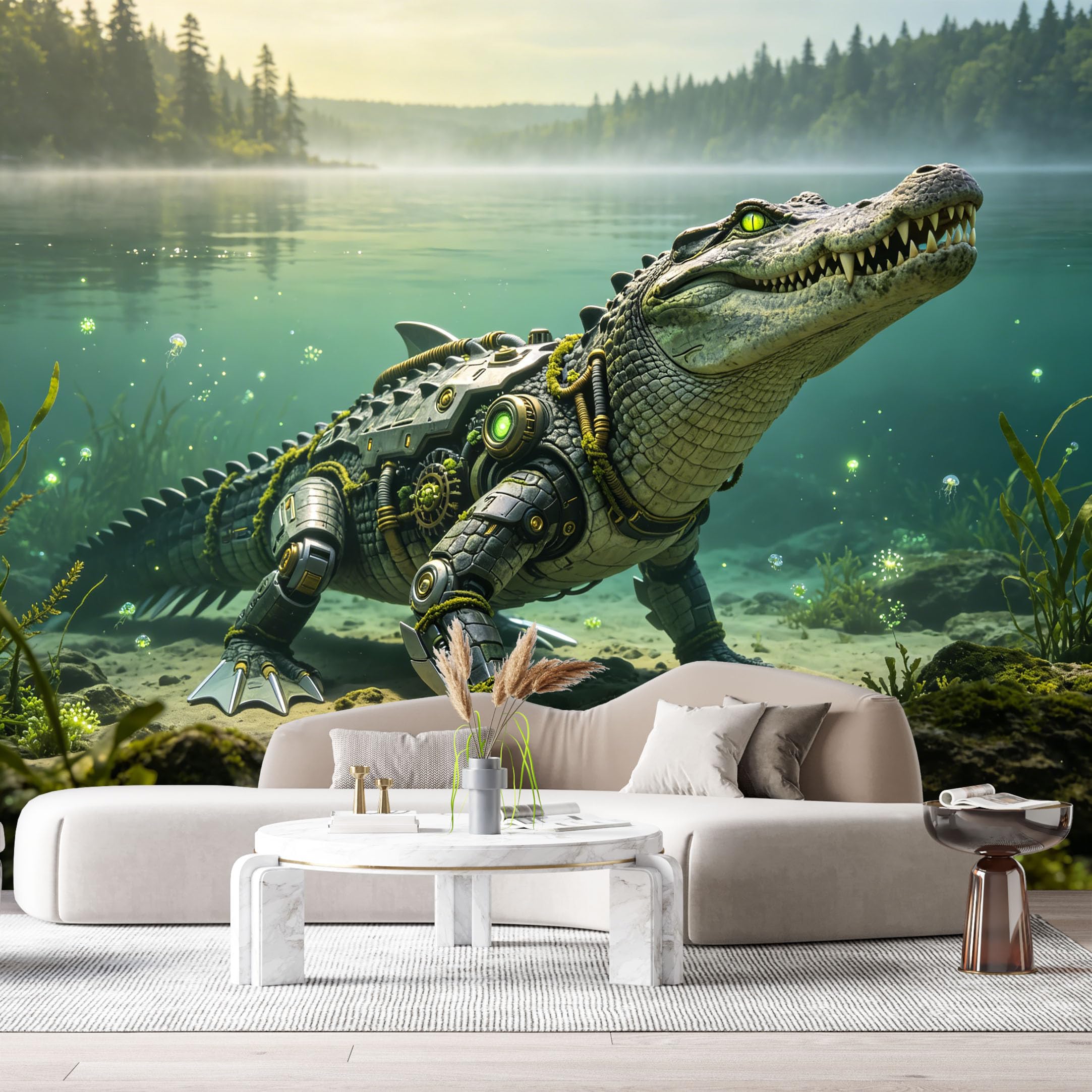 Custom Size Wall Mural Mechanical Crocodile SciFi Robot Armor Futuristic Mech Underwater Scene SelfAdhesive Art Prints Removable Large Wallpaper Esports Room Game Room Tenant Room Studio