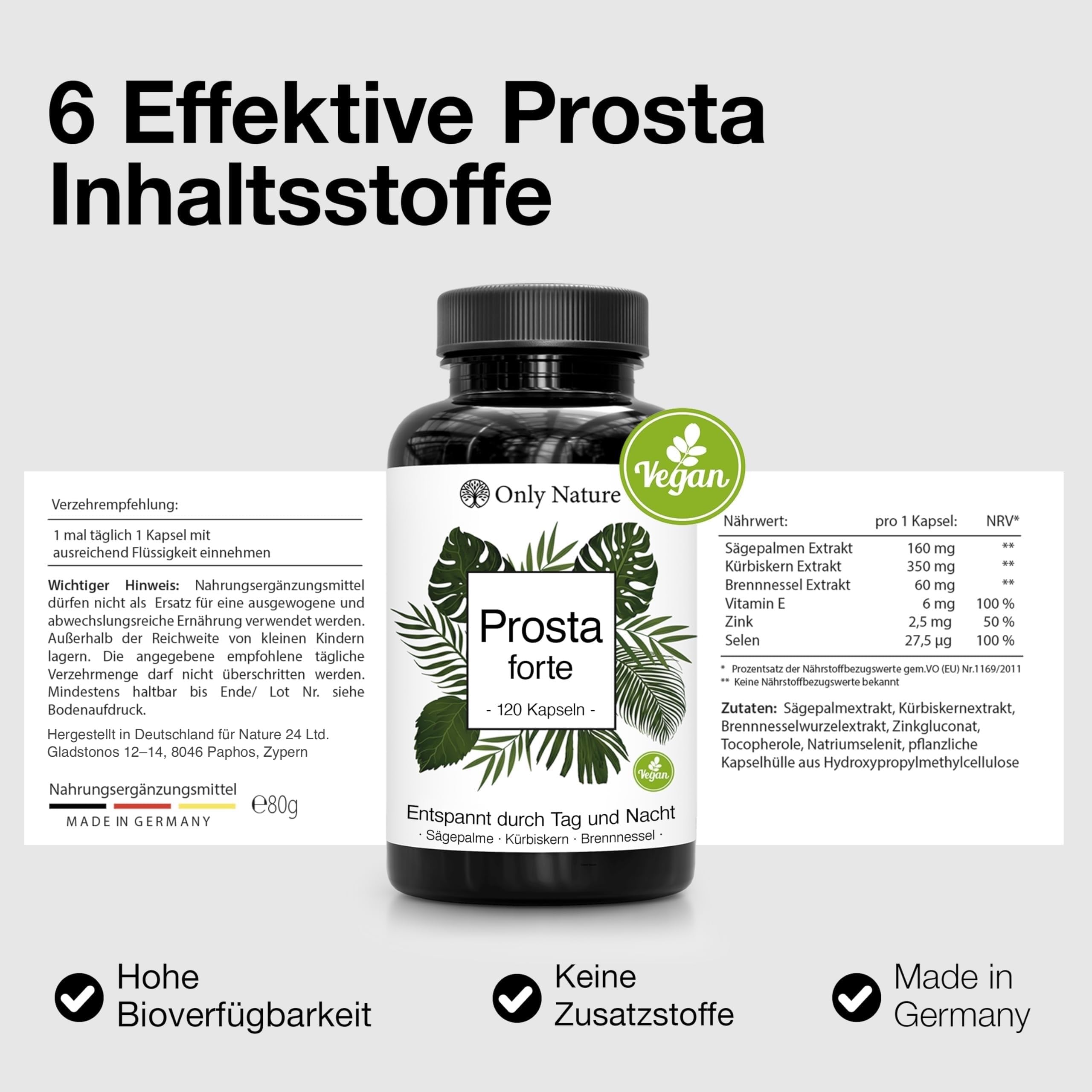 Prosta Kapseln Hochdosiert - Einzigartige Zusammensetzung aus Kürbiskernextrakt, Sägepalmenextrakt, Brennnesselwurzel und Vitamin E - In Deutschland produziert & Laborgeprüft - 120 Prostata Kapseln