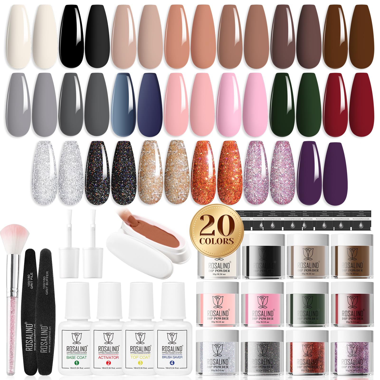 ROSALIND 29PCS Dip Nails Powder Starter Kit, 20 Colors Dip Powder Nail Kit Nude Brown Black Glitter Series Nail Dip Powder Colors Set with Base & Top Coat, Brush Restorer and Activator Kit