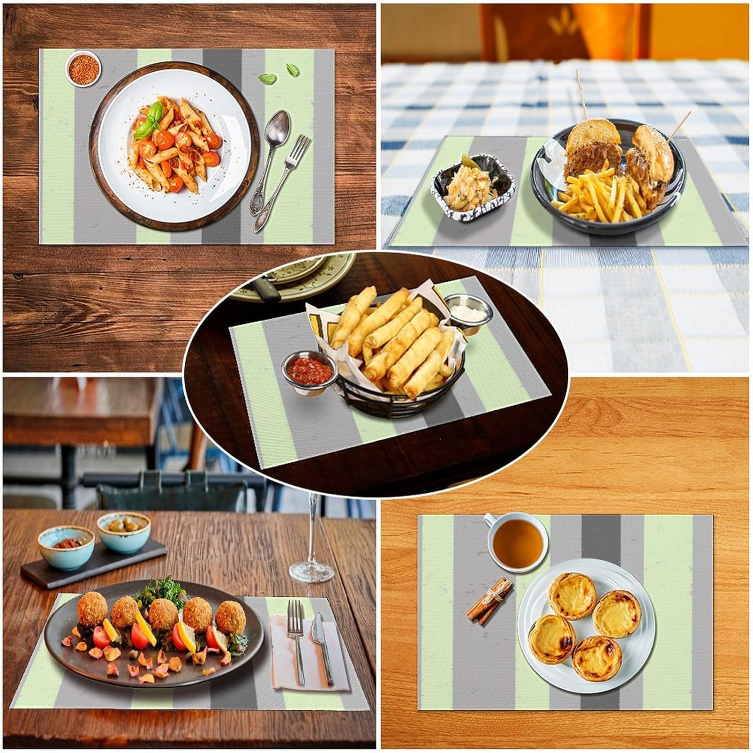 Stripes Charcoal and Light Grey Mint Green Placemat, Set of 4 Heat Resistant PVC Place Mats for Kitchen Table