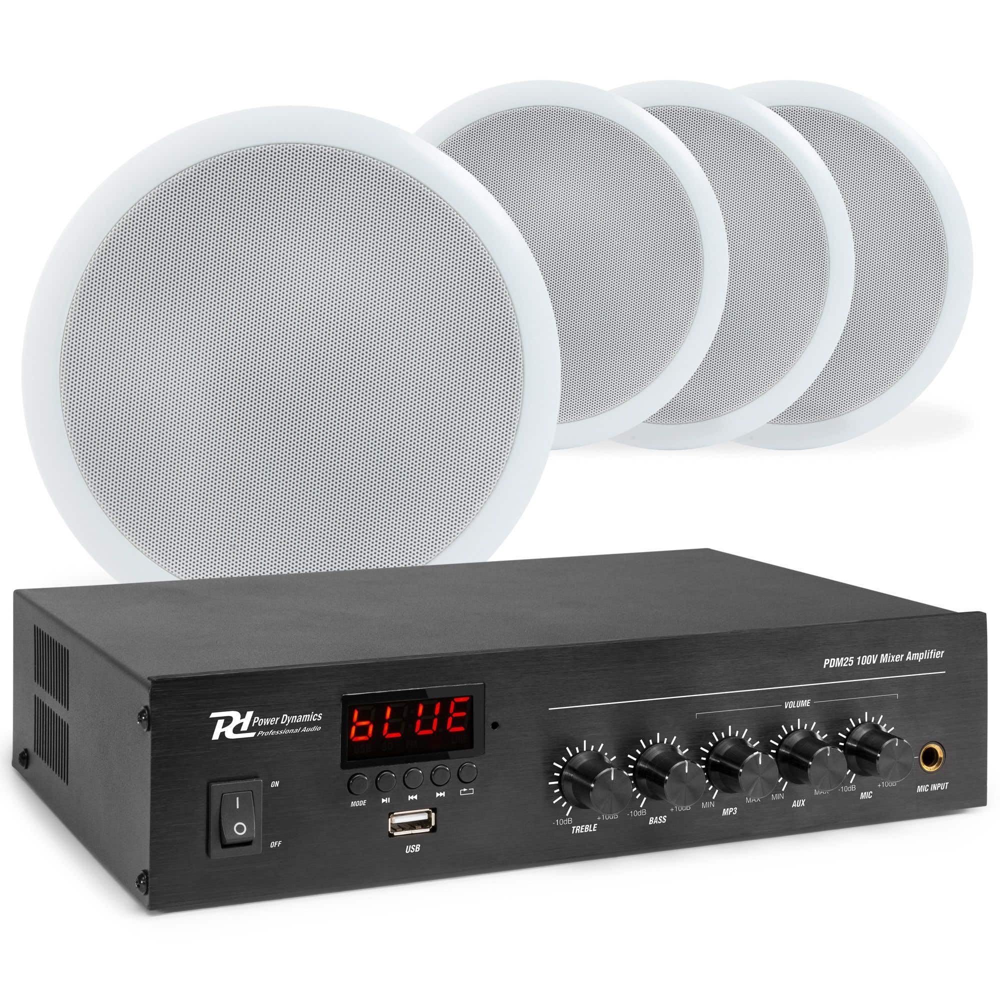 Power Dynamics Système Audio 100V avec Haut-Parleurs de Plafond CSPB5 et Amplificateur PDM25 Bluetooth FM USB Câble 50m