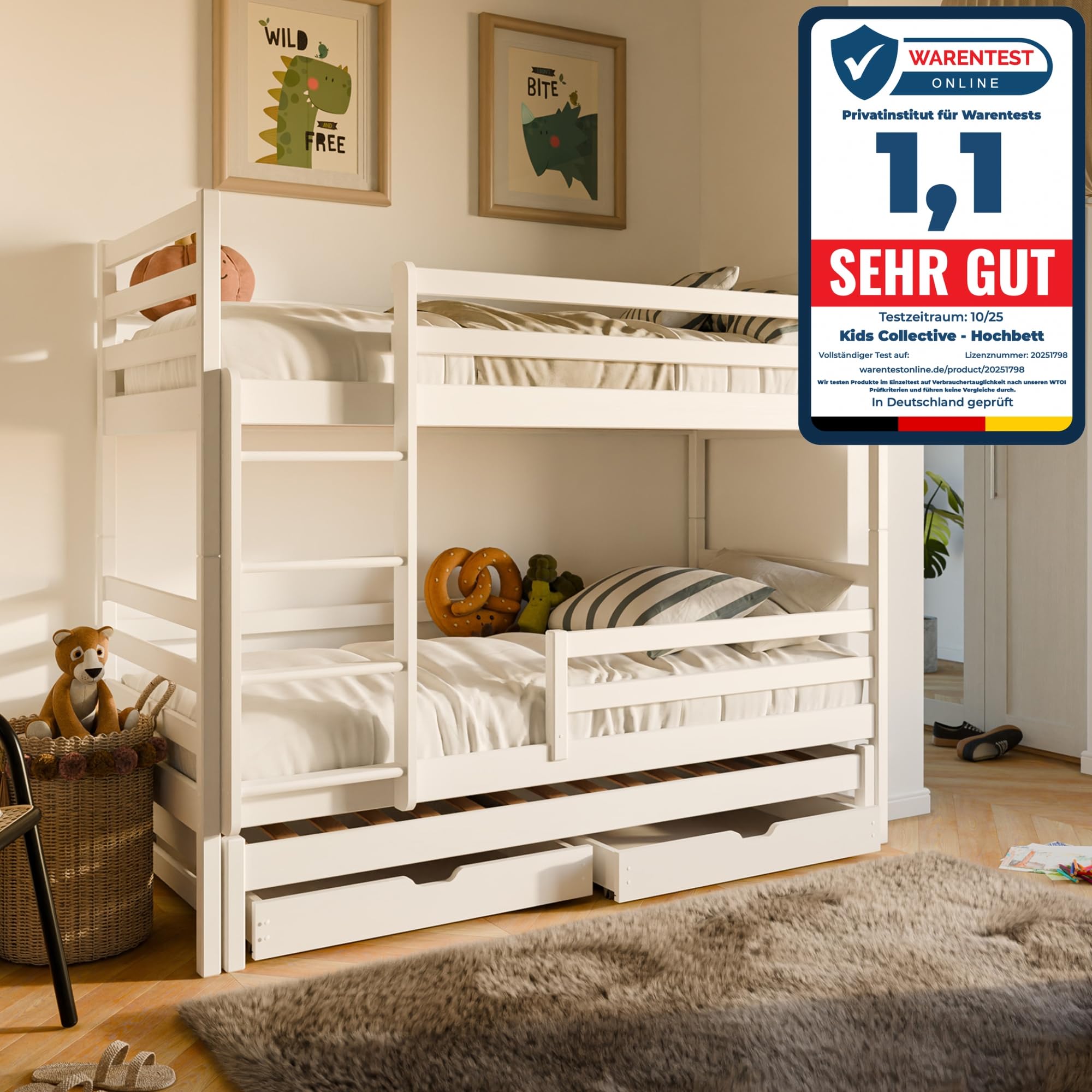 Kids Collective Hochbett 90x200 mit Ausziehbett Etagenbett Kinderbett mit Ausziehfunktion Zwei Schubladen Lattenrost Rausfallschutz umbaubar in DREI Einzelbetten, 4. bis 16. Lebensjahr Vollholz | weiß