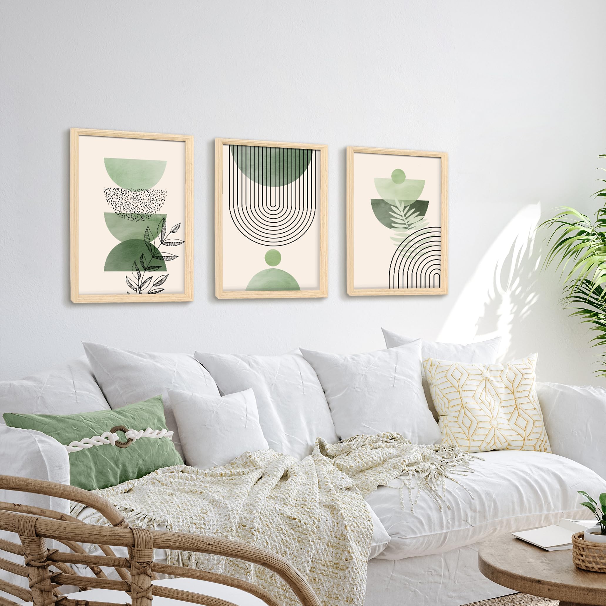 3 Pcs Wooden Framed Canvas Wall Art Set Bohemian Sage Green Canvas Prints Poster Geometric Line Beige Green Pictures for Living Room Bedroom Dinning Room Hallway Stairs Wall Decor 30x40cm x3pcs — view 391
