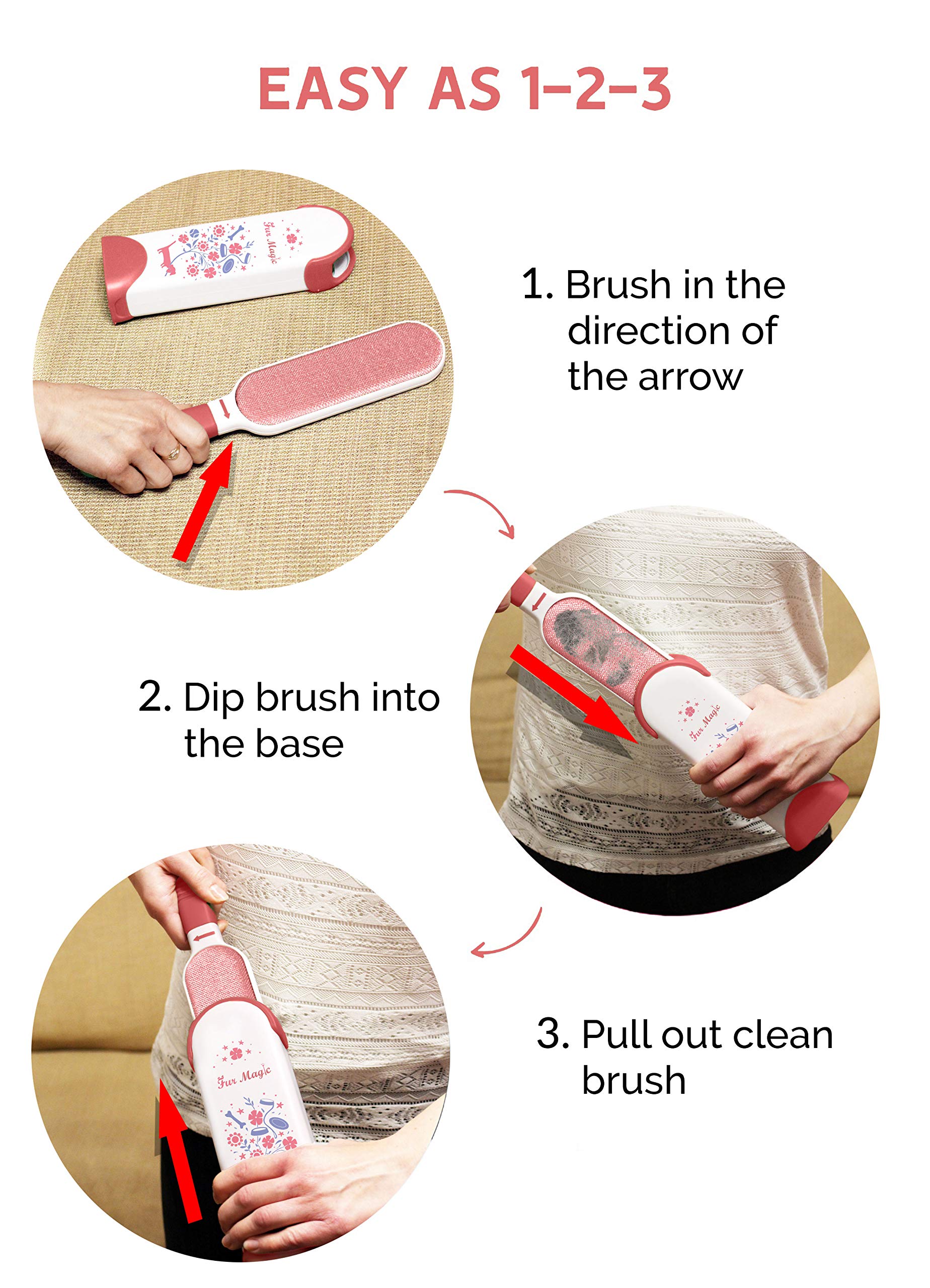 Fur Magic Pink Pet Hair Remover Lint Brush With Self-Cleaning Base + Pair of Grooming Gloves, Remove Hair from Furniture Sofa - Image 2
