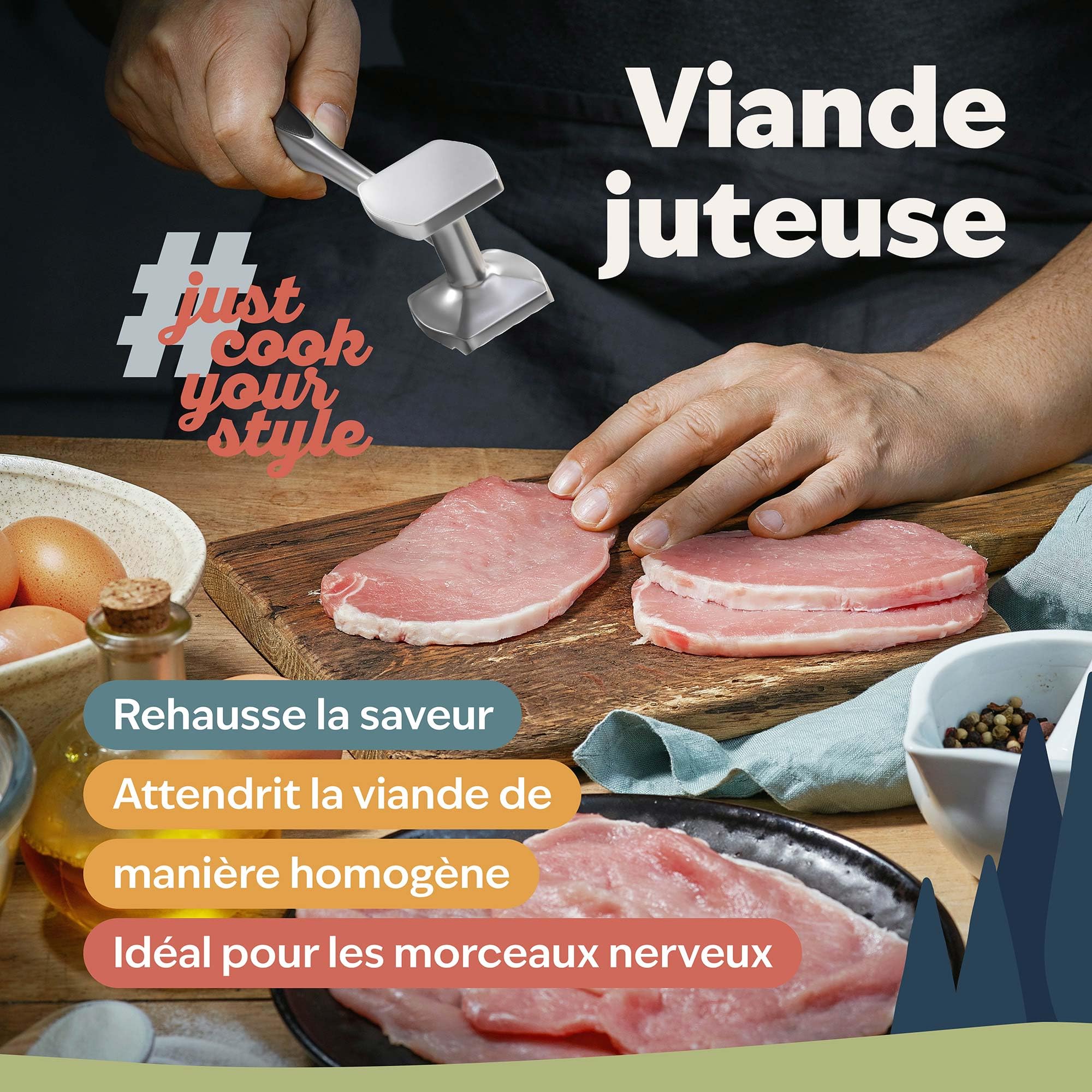 Attendrisseur de viande en alliage de zinc chromé mat kjøk – maillet pour escalopes steaks volaille