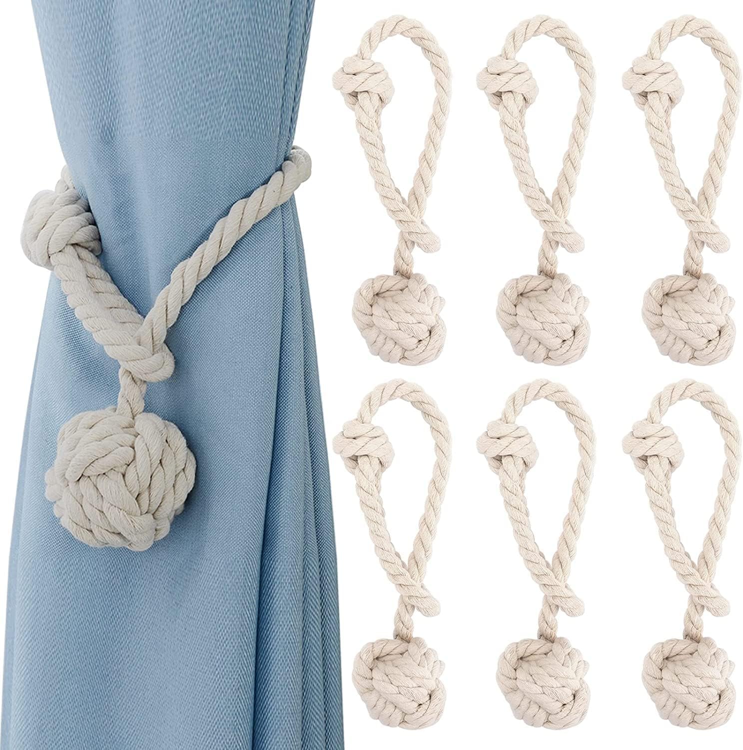 MAKNGRID 6 Pack Rural Curtain Tiebacks, Handmade Curtain Ropes Holdbacks, Natural Cotton Cord Knot Ball Decorative Retro Drapery Tiebacks Tie Band, Beige