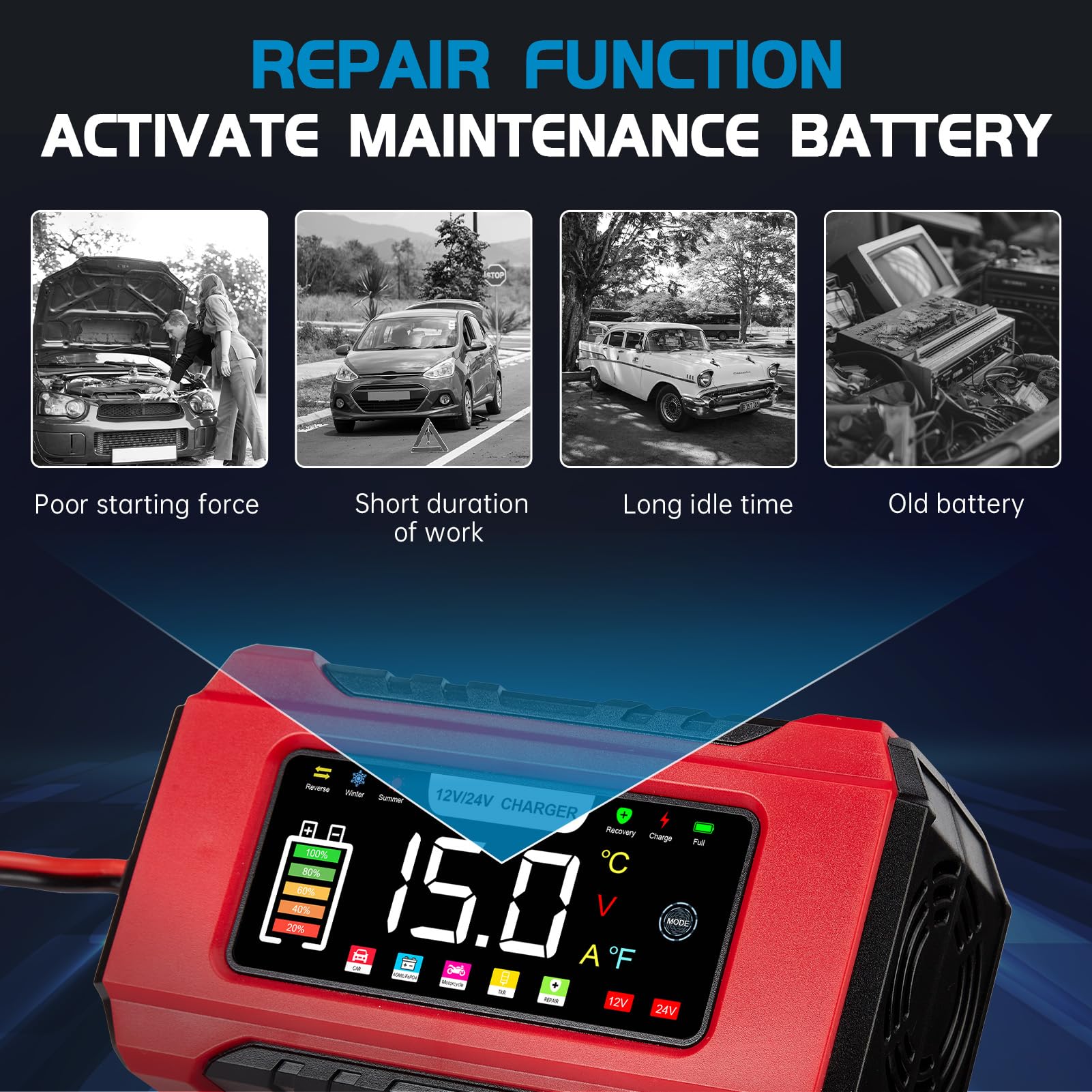 15-Amp Car Battery Charger 12V/24V, Aptliton Intelligent Car Battery Charger with 9-Stage Charging, LCD Display For Car, Truck, Motorbike, Boat - Compatible with Lead-Acid, AGM, EFB, LiFePO4 Batteries — view 7