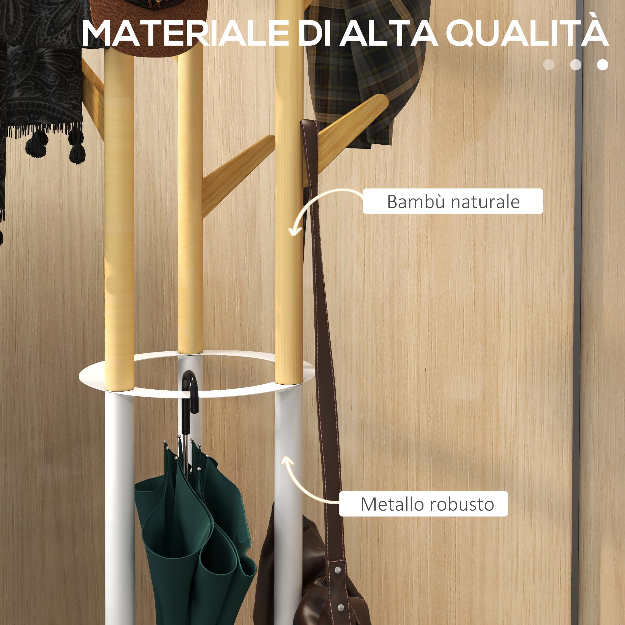 HOMCOM Appendiabiti da Terra di Design 30.5x30.5x174.5cm Legno e Bianco | Portaombrelli e 12 Ganci, Metallo e Bambù