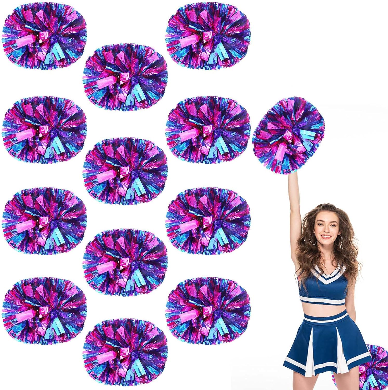 12 Pack pom poms Cheer,Handheld Cheer pom poms, Sports Cheer Plastic Pom Poms Cheerleading for Sports Team Spirit Cheering (Blue+Gold) (Rose red+Blue)
