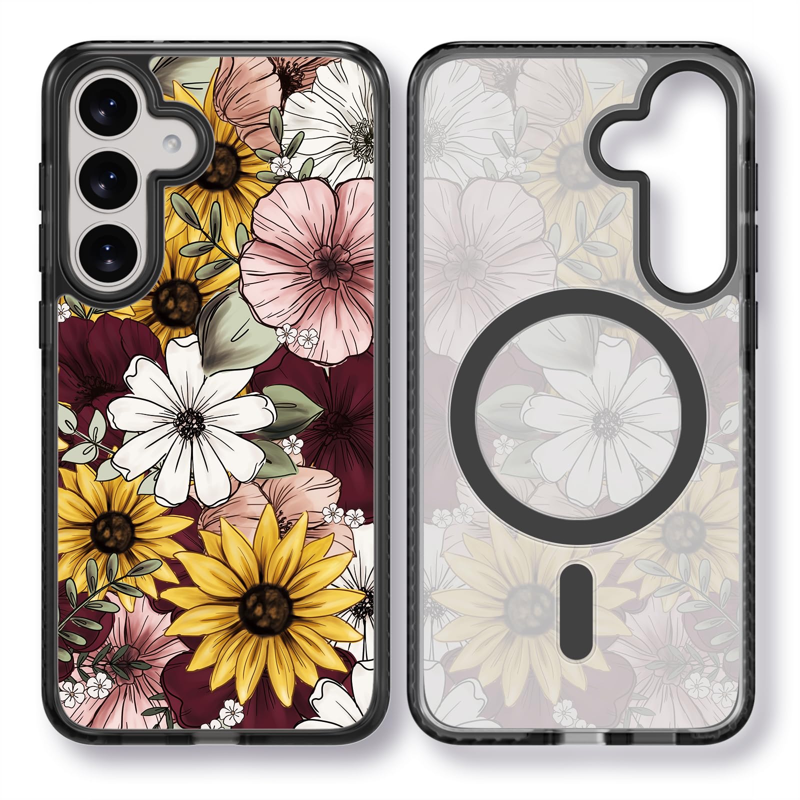 Rosarnnah Magnetic Coque pour Samsung Galaxy Magsafe - Esthétique mignonne - Durable et résistante aux chocs de 2 m - Motif tournesol amusant et tendance - 6,2 pouces - Noir