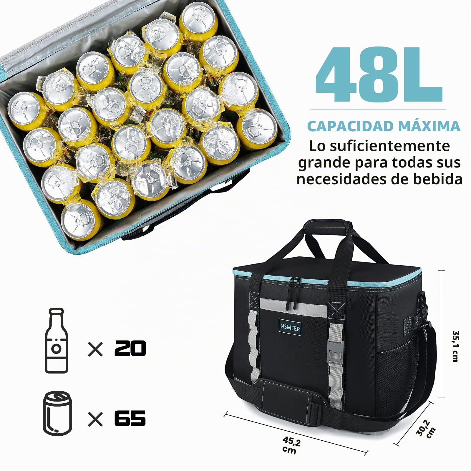 INSMEER Bolsa térmica Grande 65 latas, a Prueba de Fugas aislada Plegable fácil de Limpiar con abridor de Botellas y Correa de Hombro extraíble, Adecuada para Playa,Picnic,Compras,Camping, 48 L