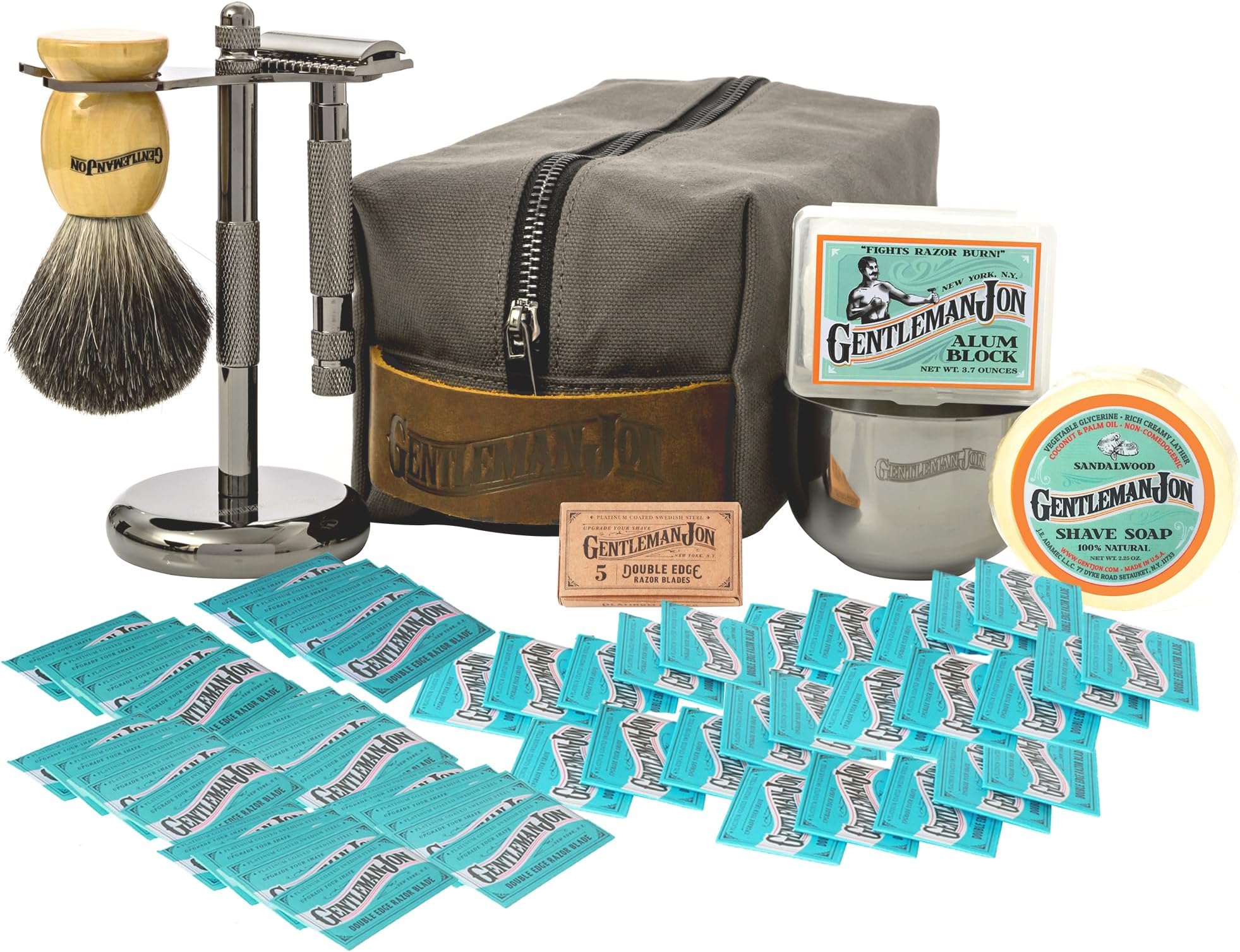 Gentleman Jon Supreme Shaving Collection - Deluxe Safety Razor Shaving Kit & Extra 50-Pack Platinum Double Edge Razor Blades - Extensive Wet Shave Set for Men - Superior Comfort and Smooth Shaves