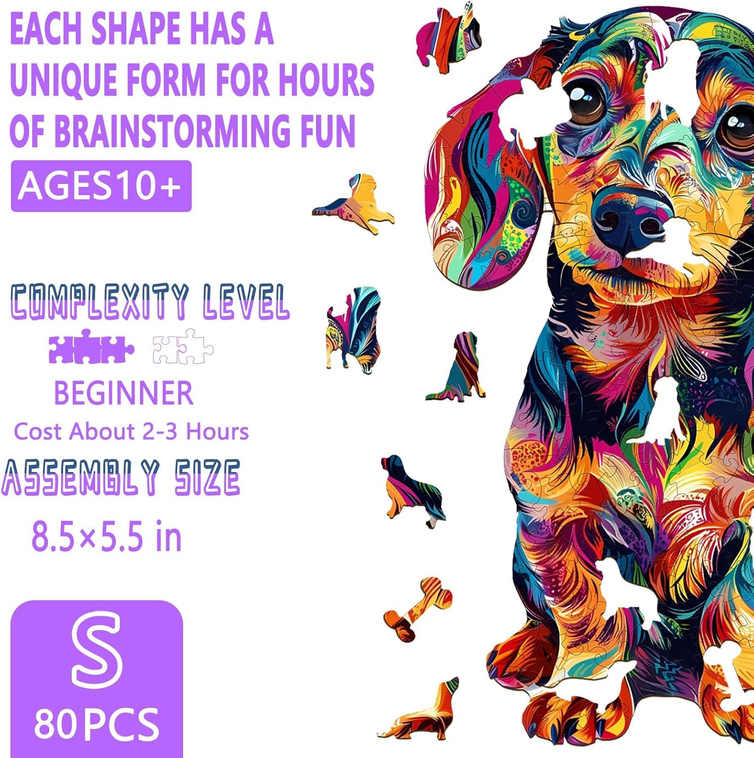 Wooden Puzzles for Adults, Colorful Dachshund Wooden Jigsaw Puzzle, Dog Puzzle, Wood Puzzles Adult, Unique Animal Shape, Gifts for Friends and Family, Home Decor (S-8.5 * 5.5in 80 Pieces)