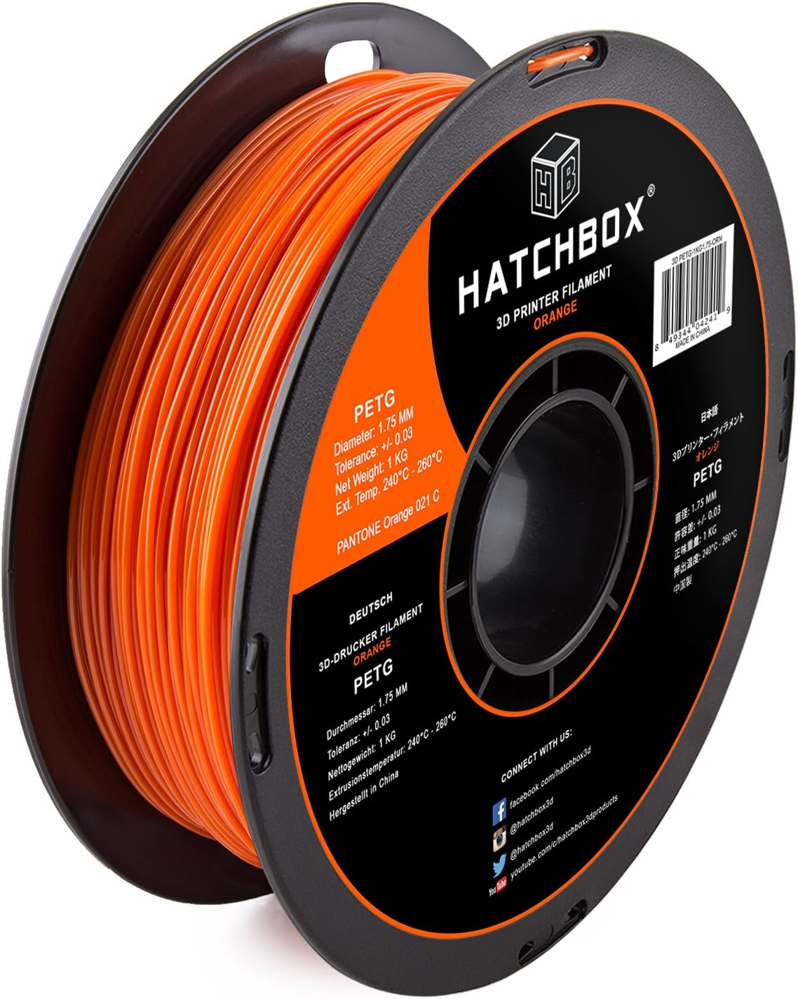 HATCHBOX PETG 3D Printer Filament, Dimensional Accuracy +/- 0.03 mm, 1 kg Spool, 1.75 mm, Orange