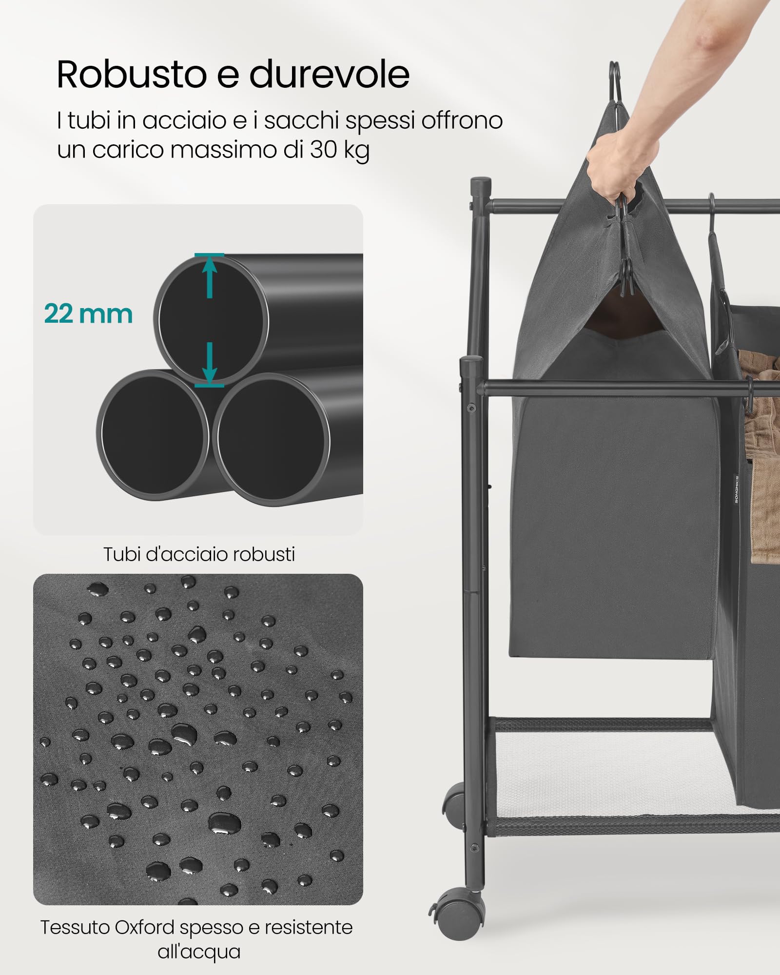 SONGMICS Carrello Portabiancheria, Cesto Porta Biancheria con 3 Sacchi Rimovibili, Carrello per Lavanderia, Camera da Letto, Bagno, 3 x 45 L, Grigio Ardesia RLS102G01