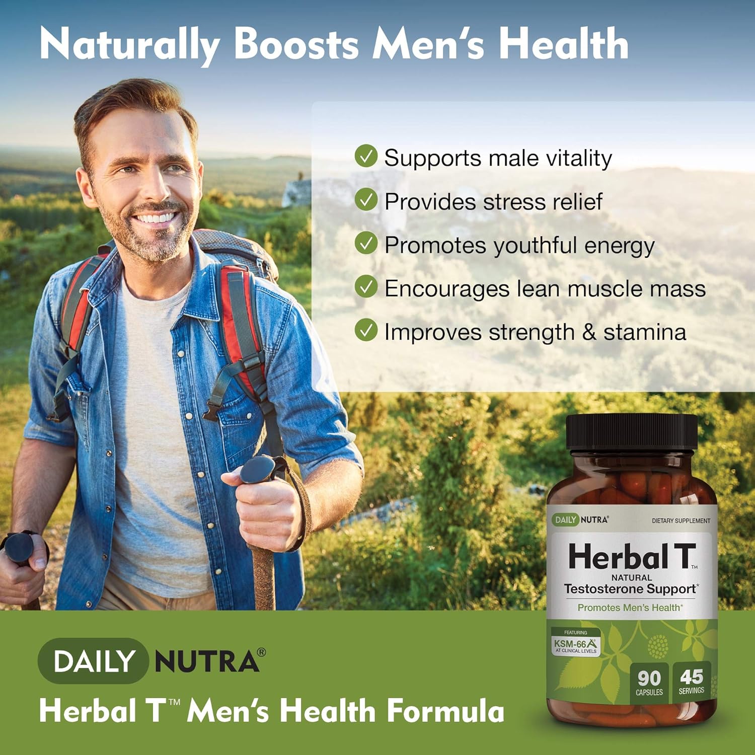 Herbal T Men’s Health Formula by DailyNutra: Supplement for Endurance, Vitality, and Healthy Aging - Featuring KSM-66 Ashwagandha, Tongkat Ali, Tribulus, Eleuthero, and Horny Goat Weed (1-Bottle) : Health & Household