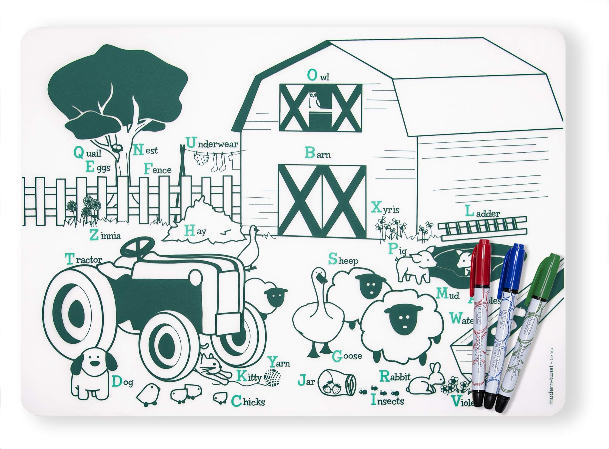 modern-twist Mark-Mat Set 100% Food-Grade Silicone, Waterproof and Reusable Color Sheet & 3 Dry Erase Markers for Kids – Farm Buddies