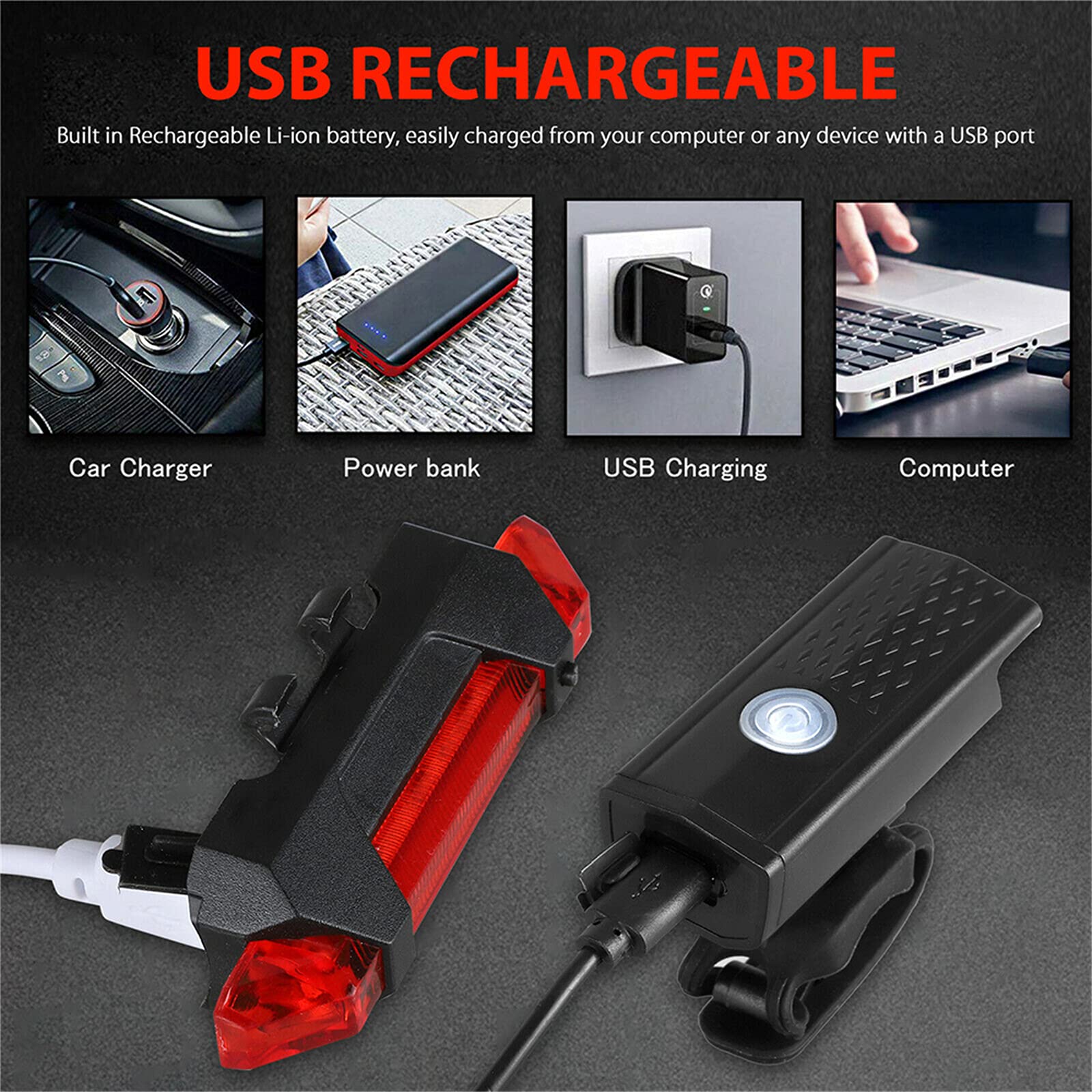Lampe de Vélo Rechargeable USB LED Cycle de Montagne Lumière de Vélo Avant Feu Arrière Lampe de Poche Étanche Ensemble de Lampe de Vélo