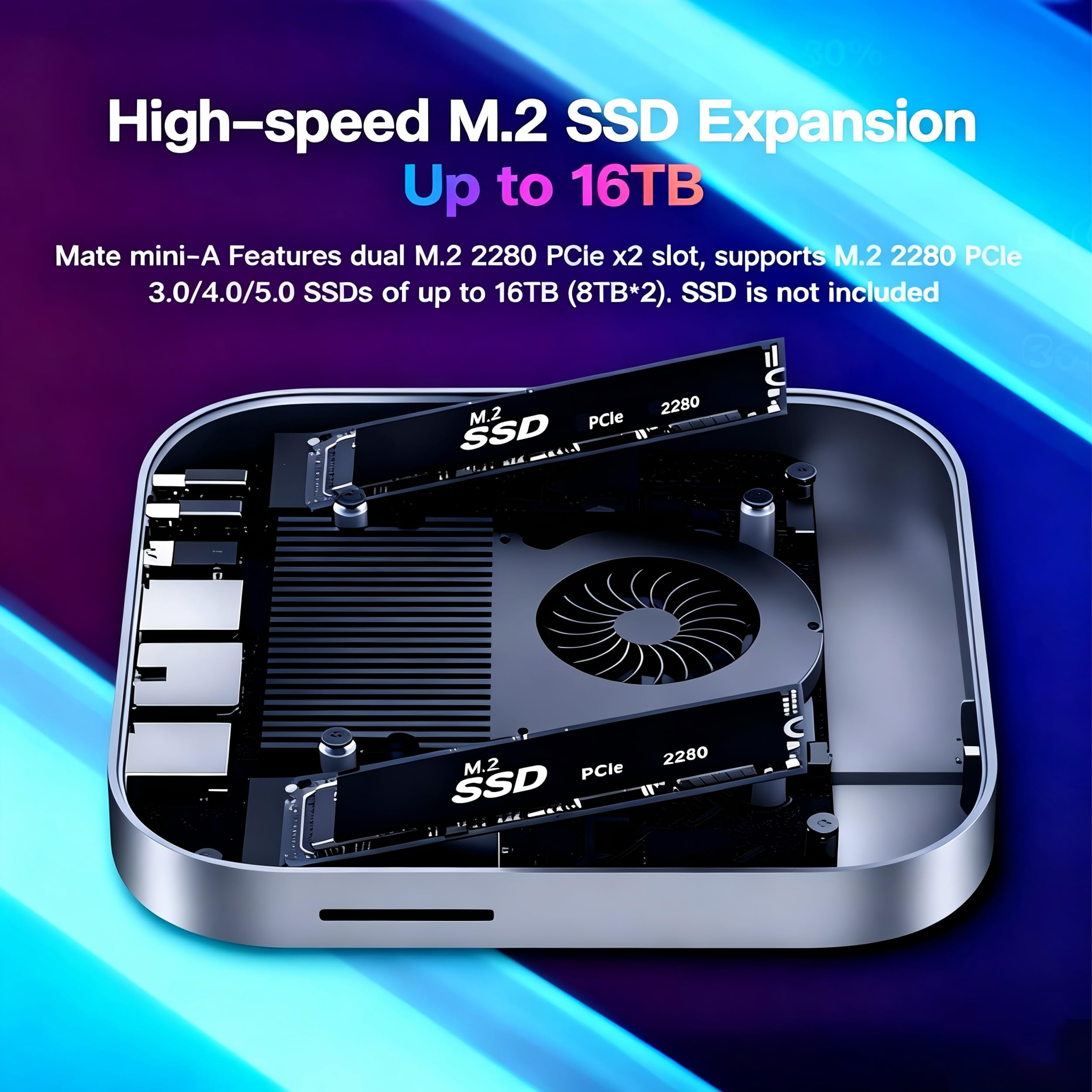 Mate Mini-A 80 Gb/s Mac mini M4 stacja dokująca i stojak, 2 gniazda M.2 PCIex2 SSD, maks. rozszerzenie 16 TB, czytnik kart SD4.0, 2,5 G LAN, port PD3.0, 2 x USB-A 5 Gb/s, do laptopów/komputerów