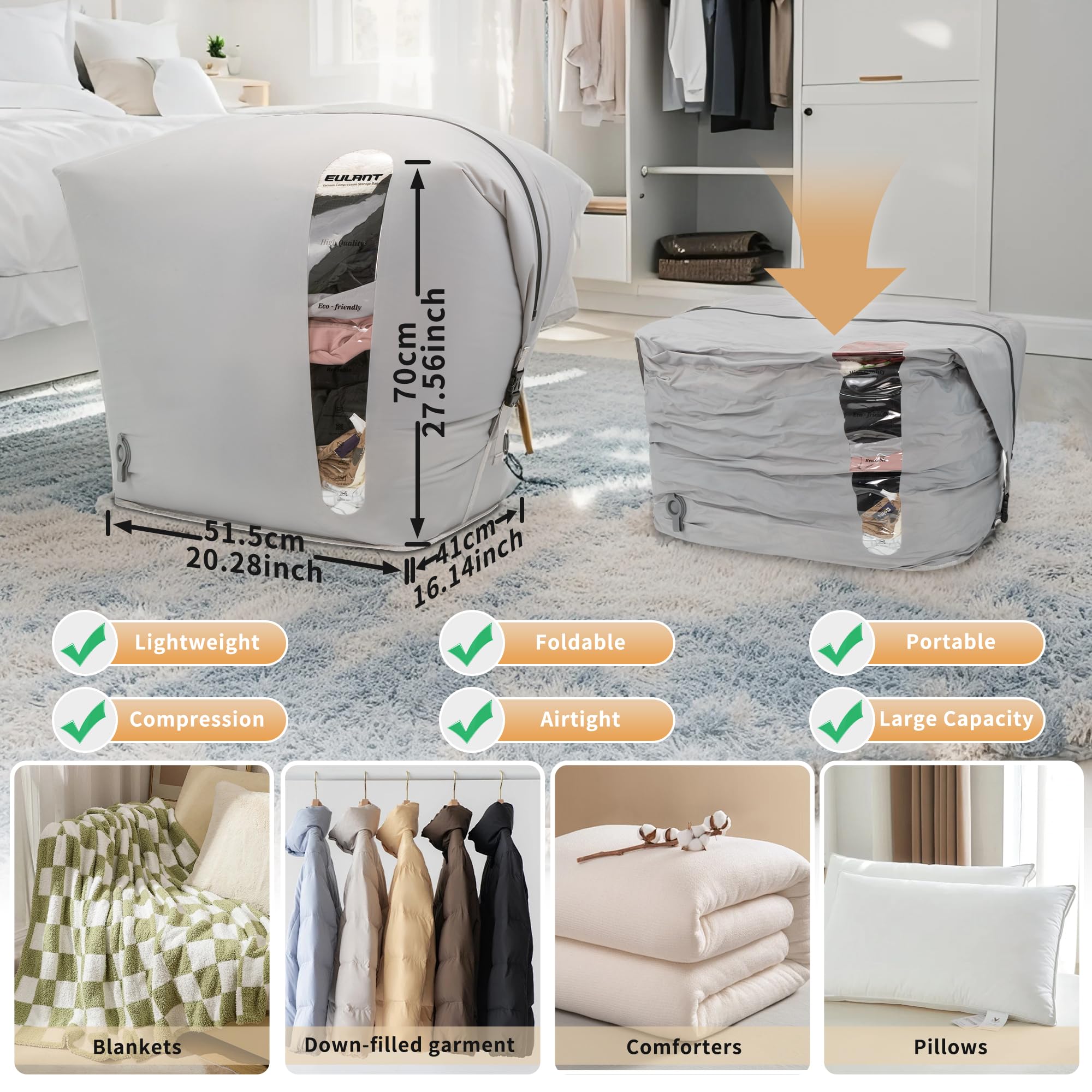 EULANT Grandes Bolsas de Nailon al Vacío para Ropa con Cremallera Hermética IP67, Bolsa de Compresión al Vacío Impermeable para Edredones/Mantas/Ropa de Cama, Reutilizable & Ahorra Espacio