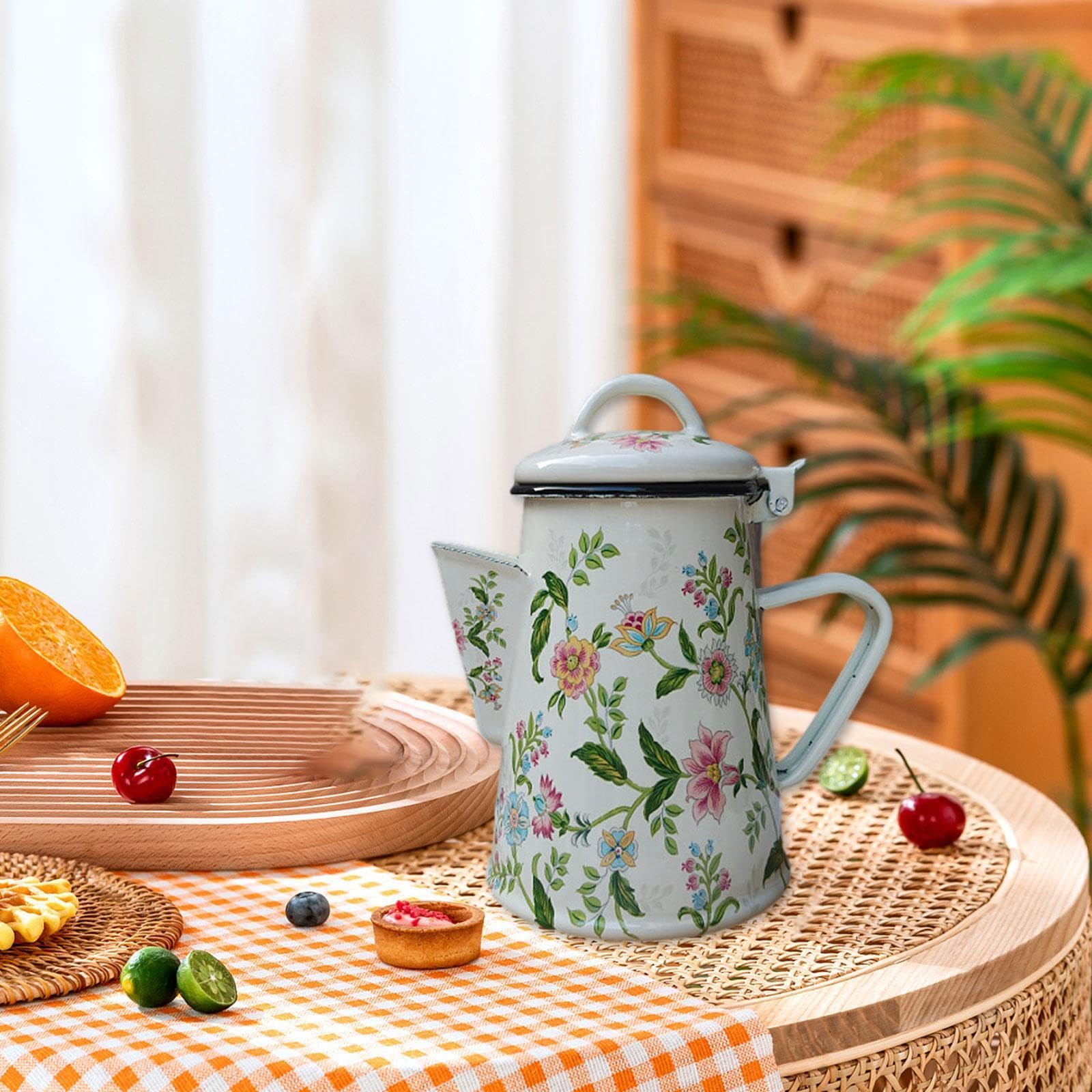 Cafetera Esmaltada, Cafetera Cocina, Tetera Estilo Vintage de 0.8 L con Asa, Esmalte Grueso Resistente a Altas Temperaturas, Fácil de Limpiar, Apta para Gas, Eléctrica y Vitrocerámica