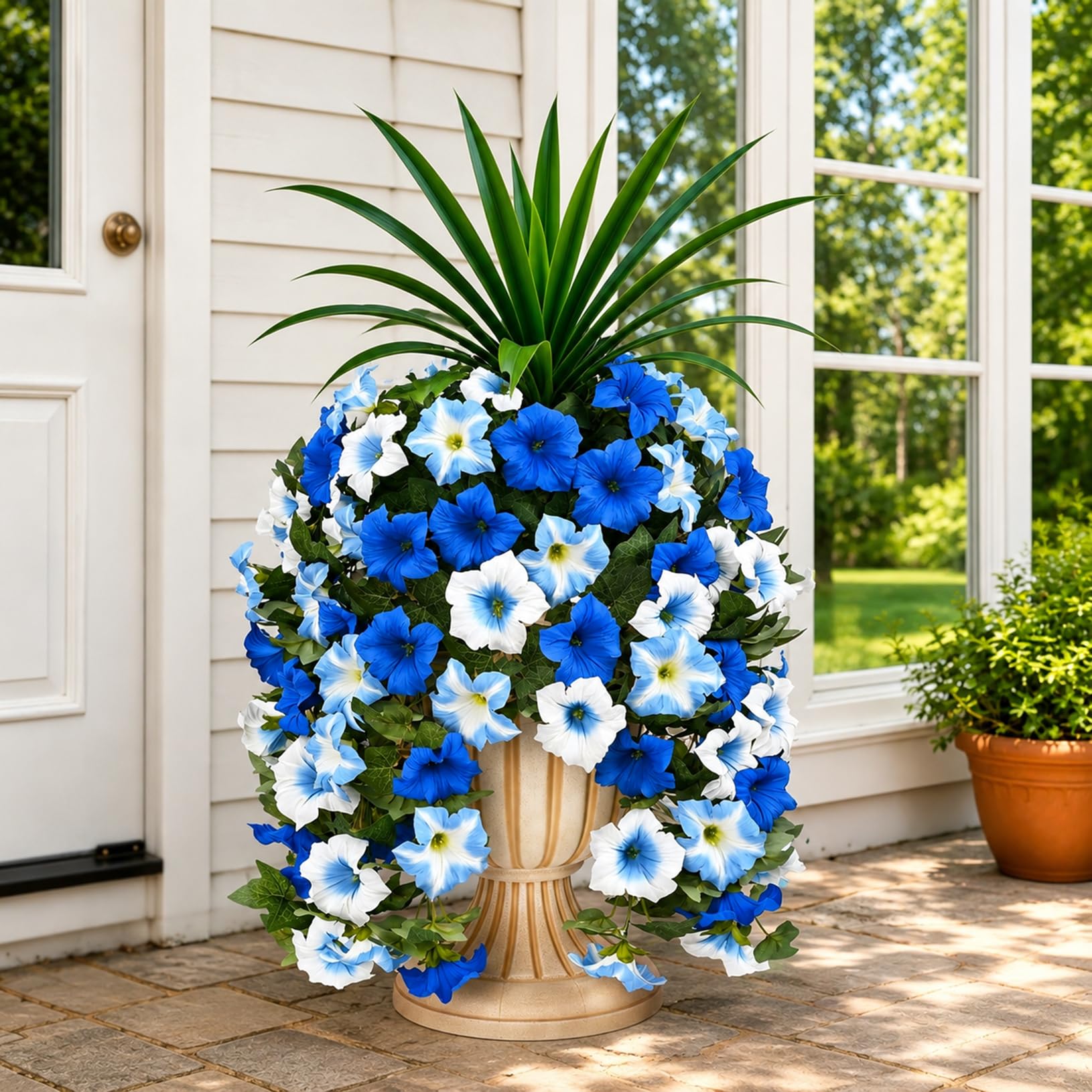 ATAVSADN Artificial Flowers for Outdoors, 6 Bundles UV Resistant Fake Plants Outside, Faux Hanging Flowers with Morning Glory & Orchid Leaves, for Porch Planters Garden Patio Wall Decor