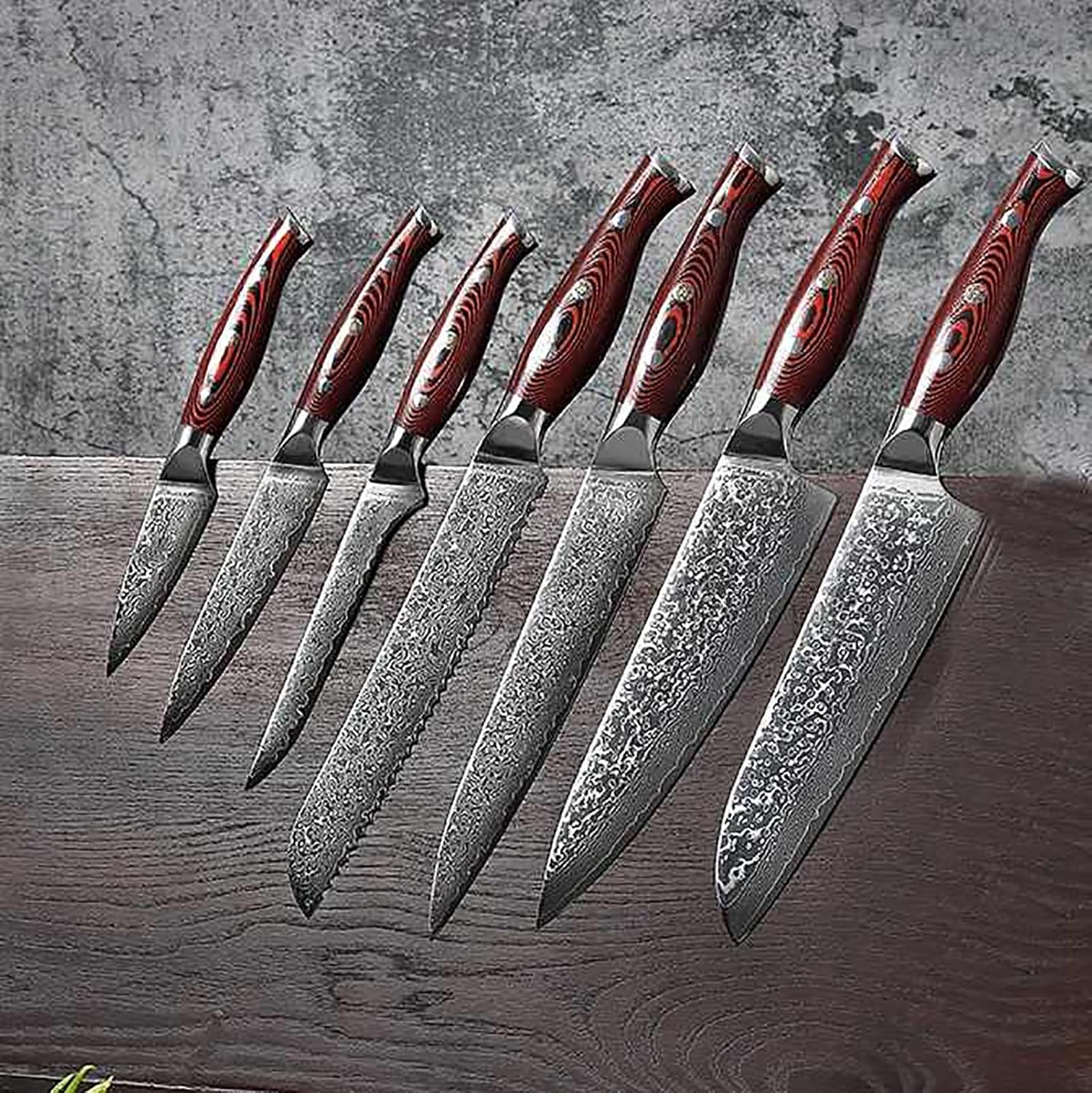 Damascus Knife Set with Block 9 PCS Knife Block Set Kitchen Utensils Set G10 Glass Fiber Handle Knives