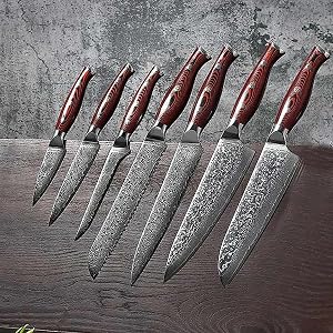 Damascus Knife Set with Block 9 PCS Knife Block Set Kitchen Utensils Set G10 Glass Fiber Handle Knives