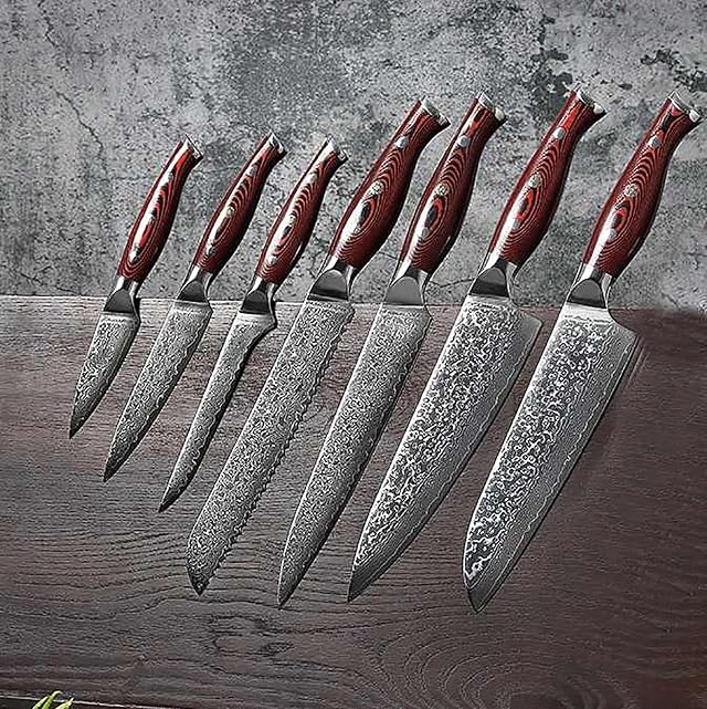 Damascus Knife Set with Block 9 PCS Knife Block Set Kitchen Utensils Set G10 Glass Fiber Handle Knives