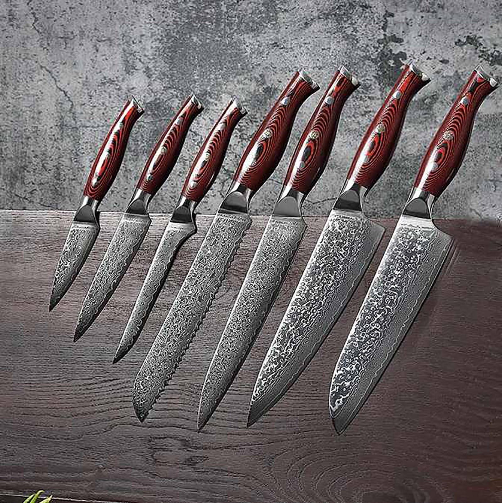 Damascus Knife Set with Block 9 PCS Knife Block Set Kitchen Utensils Set G10 Glass Fiber Handle Knives