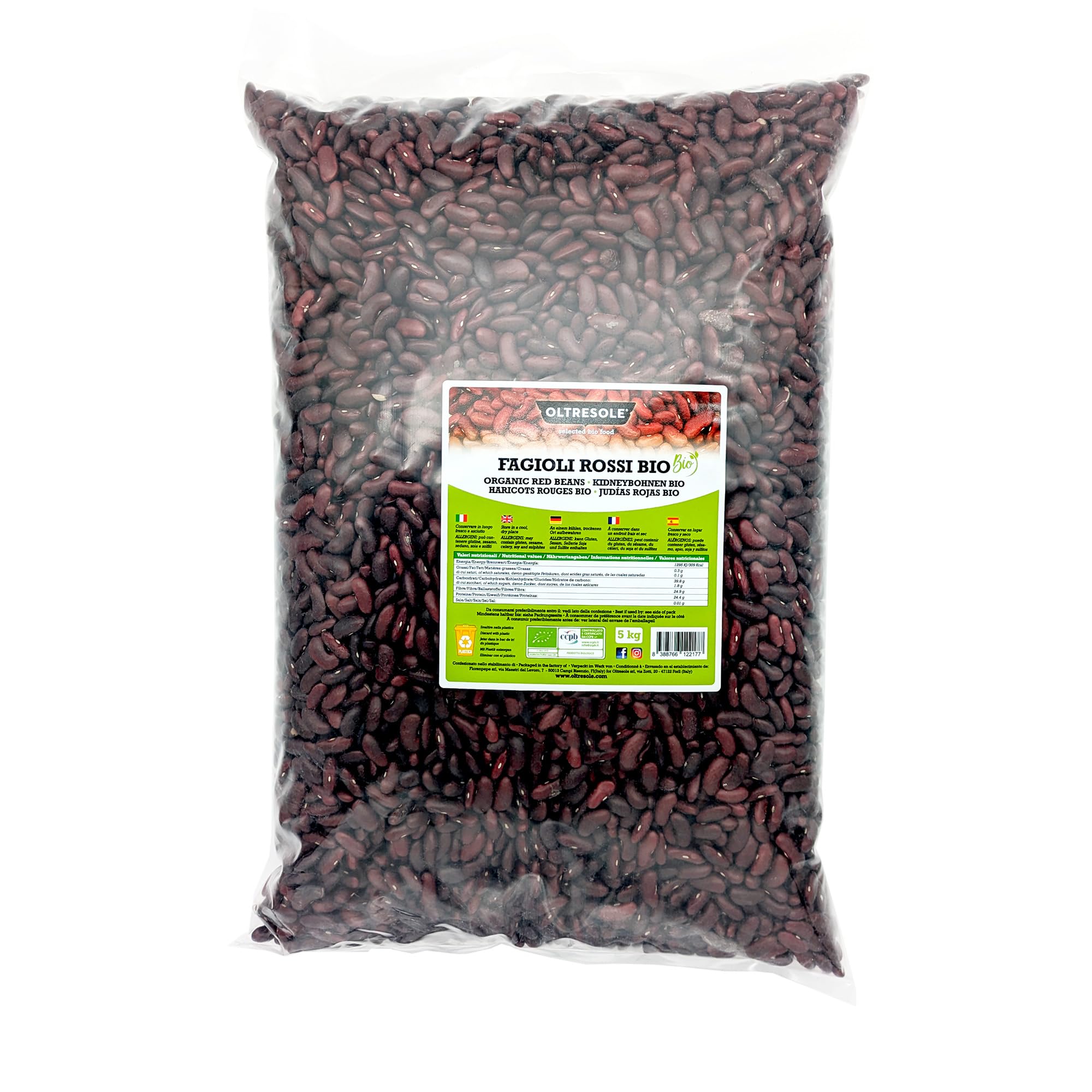 Oltresole, Alubias rojas 5 Kg, Legumbres secas ecológicas de cultivo controlado, ricas en proteínas y sales minerales, ideales para dietas bajas en calorías, veganas y vegetarianas, tamaño práctico