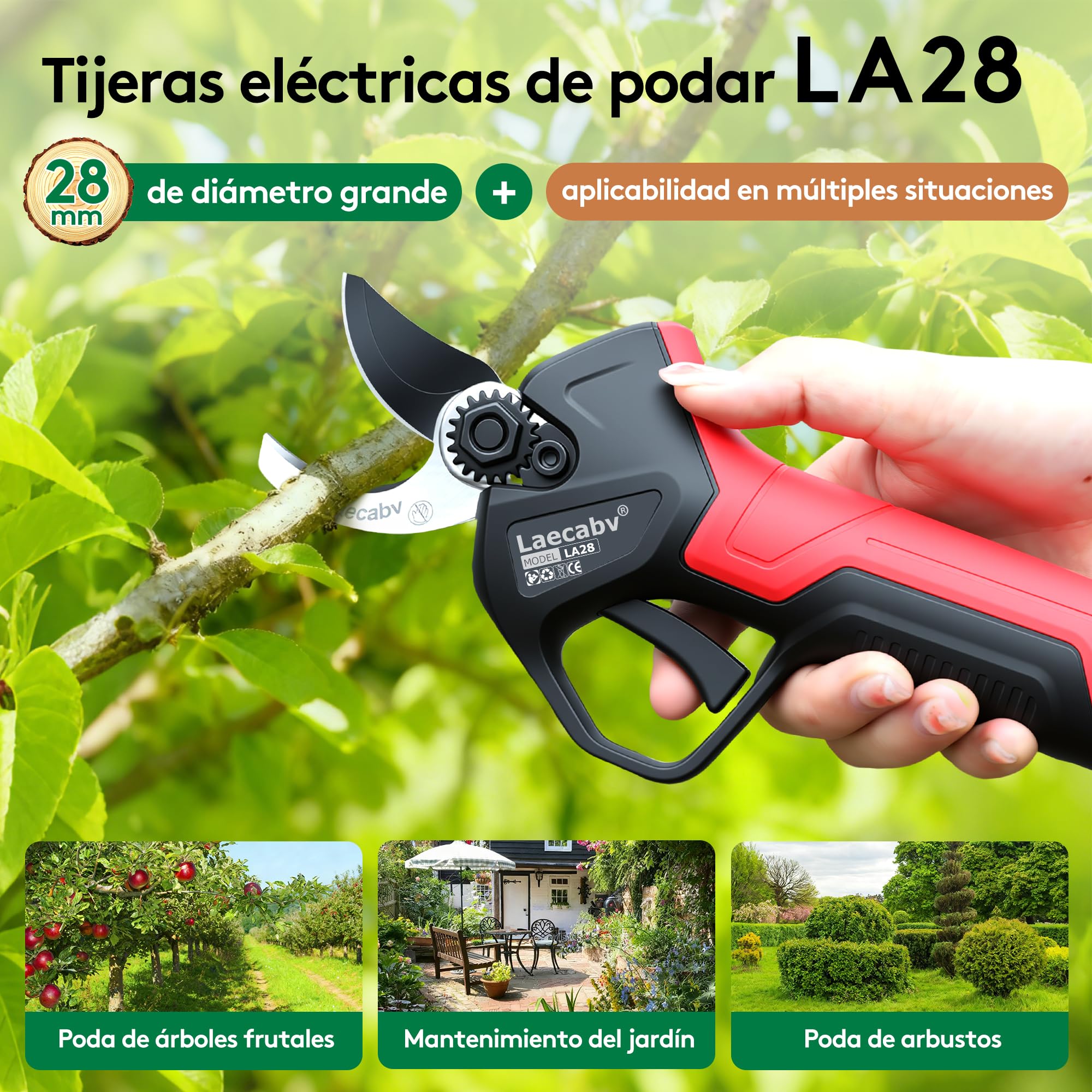 Tijeras de Podar Eléctricas, 28mm Tijeras de Podar con Batería Profesional, Tijeras Rama Inalámbrico con Motor sin Escobillas, 2 Piezas Batería de Litio Recargable de 16.8V/2Ah (LA28BKRD)