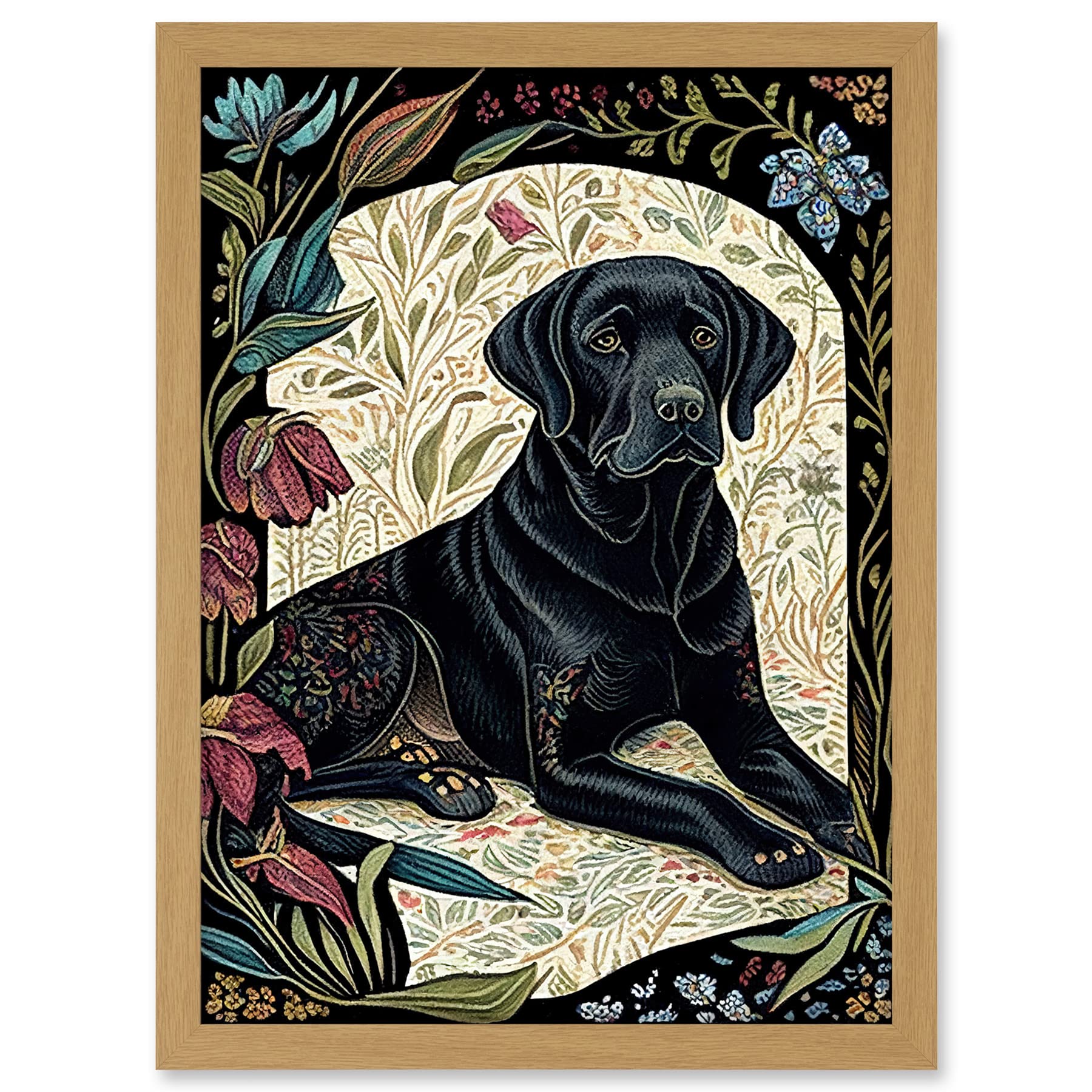 Artery8 Black Labrador Dog with Floral Patterns Vintage Inspired Linocut Illustration Artwork Framed A3 Wall Art Print