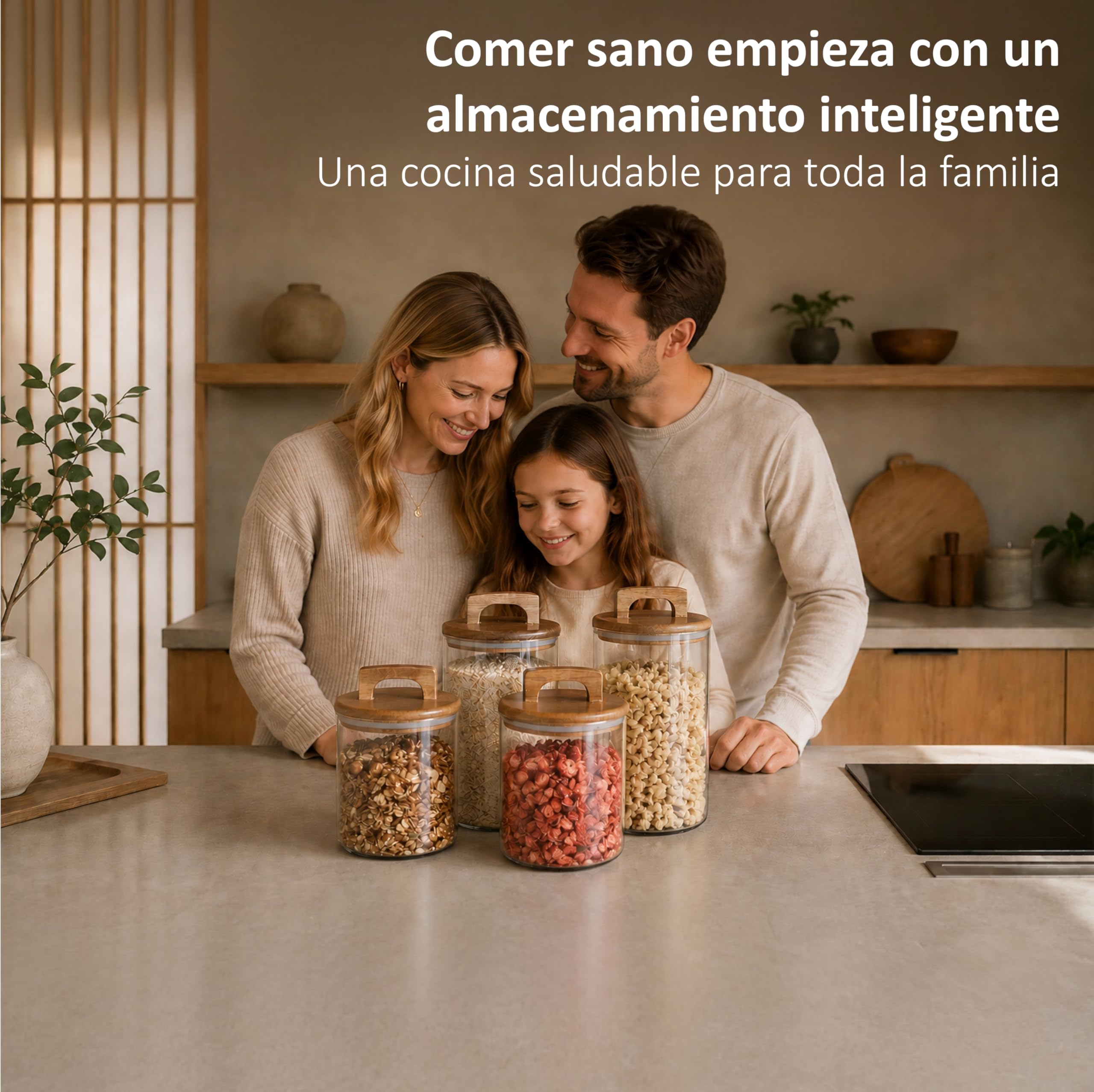 Botes cristal con tapa hermética de acacia – Juego de 4 recipientes de cristal para alimentos 1000 ml & 1600 ml – Tarros de cristal con tapa - Botes cocina almacenaje