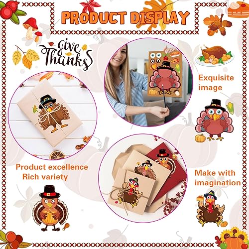 Miniatura 5 de 24 hojas de calcomanías Make-a-Turkey para fiestas de Acción de Gracias, suministros para niños, juegos de pavo, manualidades, calcomanías de otoño,