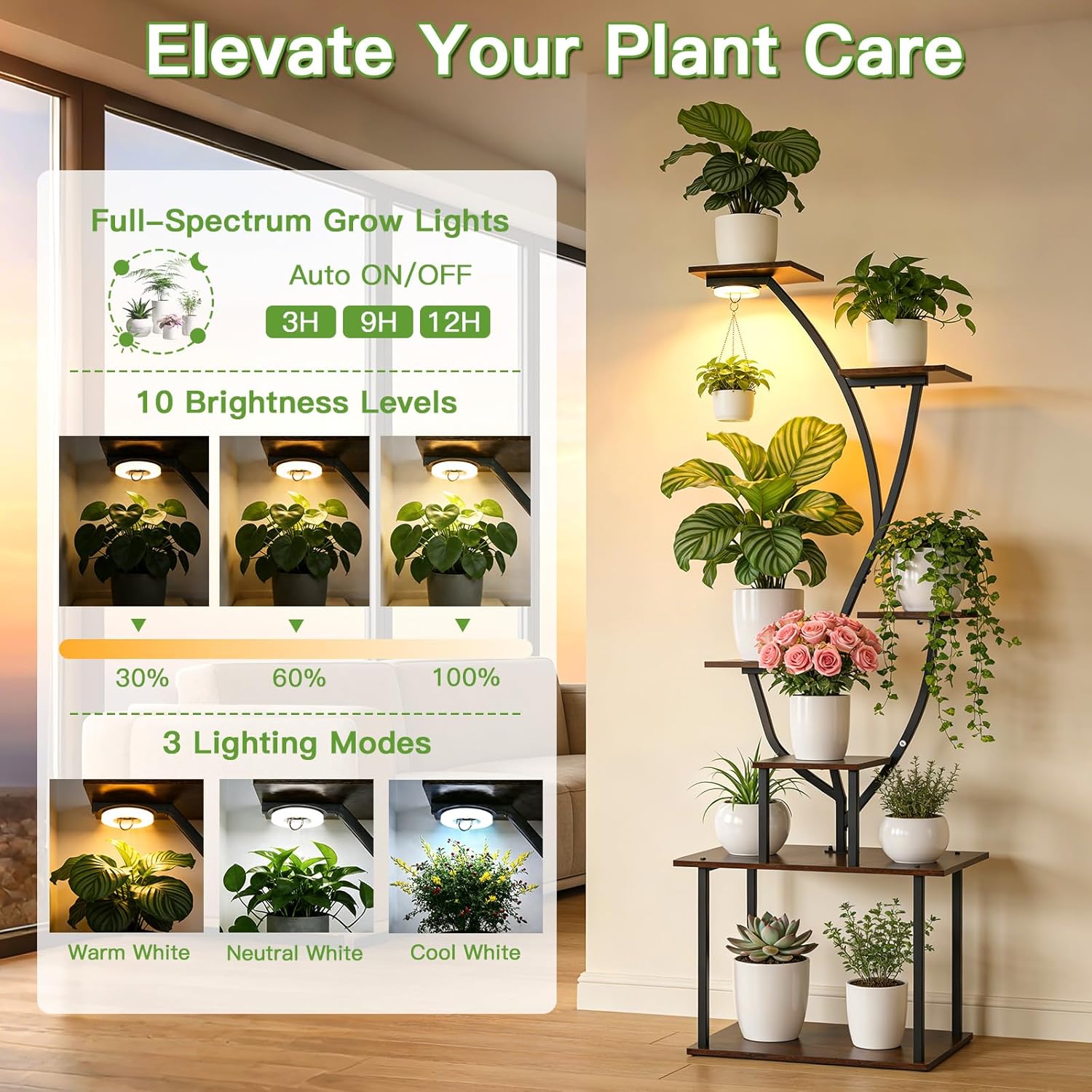 Cypherx Plant Stand Indoor with Grow Lights - 63" Tall Metal Corner Shelf for Indoor Plants, 7 Tiered Corner Plant Stand for Multiple Plants, Tree-Shaped Plant Rack for Home, Living Room, Office & Patio Decor