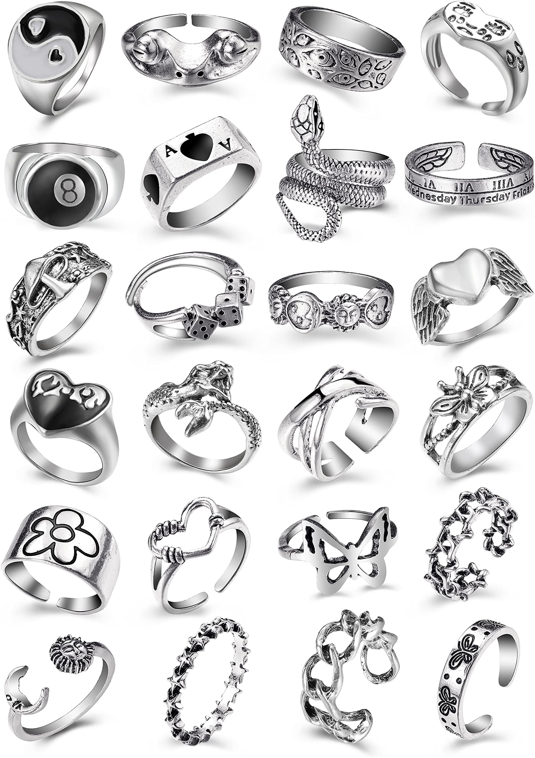 Vintage Silver Open Punk Rings for Men Women, 24PCS Adjustable, Alt, Chunky, Hippie, Gothic, Statement Stacking, Skull Snake Star Flower Heart Eboy Emo Y2K