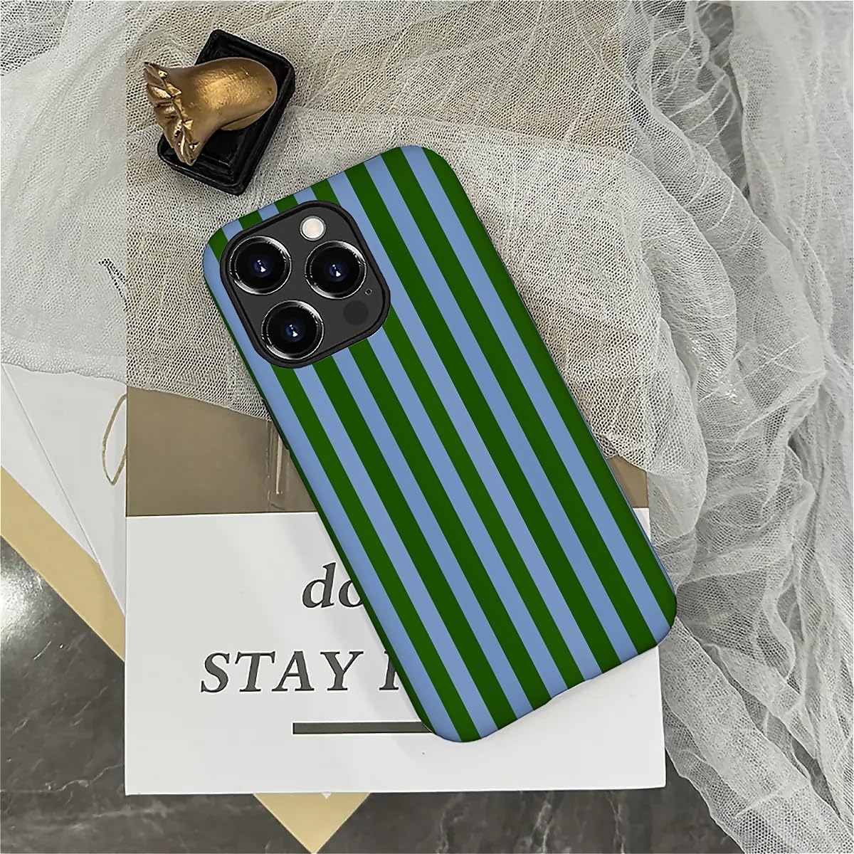 Compatible with iPhone 16 Pro Matte Case, Green and Blue Stripes Geometric Vertical Line Pattern for Girl Full Body Design Soft Silicone Drop Shock Scratch Protection - Image 5