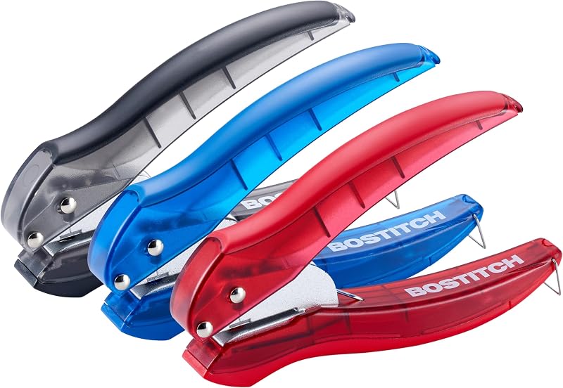 Bostitch EZ Squeeze Hole Punch - 3-Pack, Single Hole Punch 10 Sheet Capacity, Ideal for Kids and Adults, Black, Red and Blue | 10 Sheet Capacity, Ideal for Kids and Adults, Black, Red and Blue