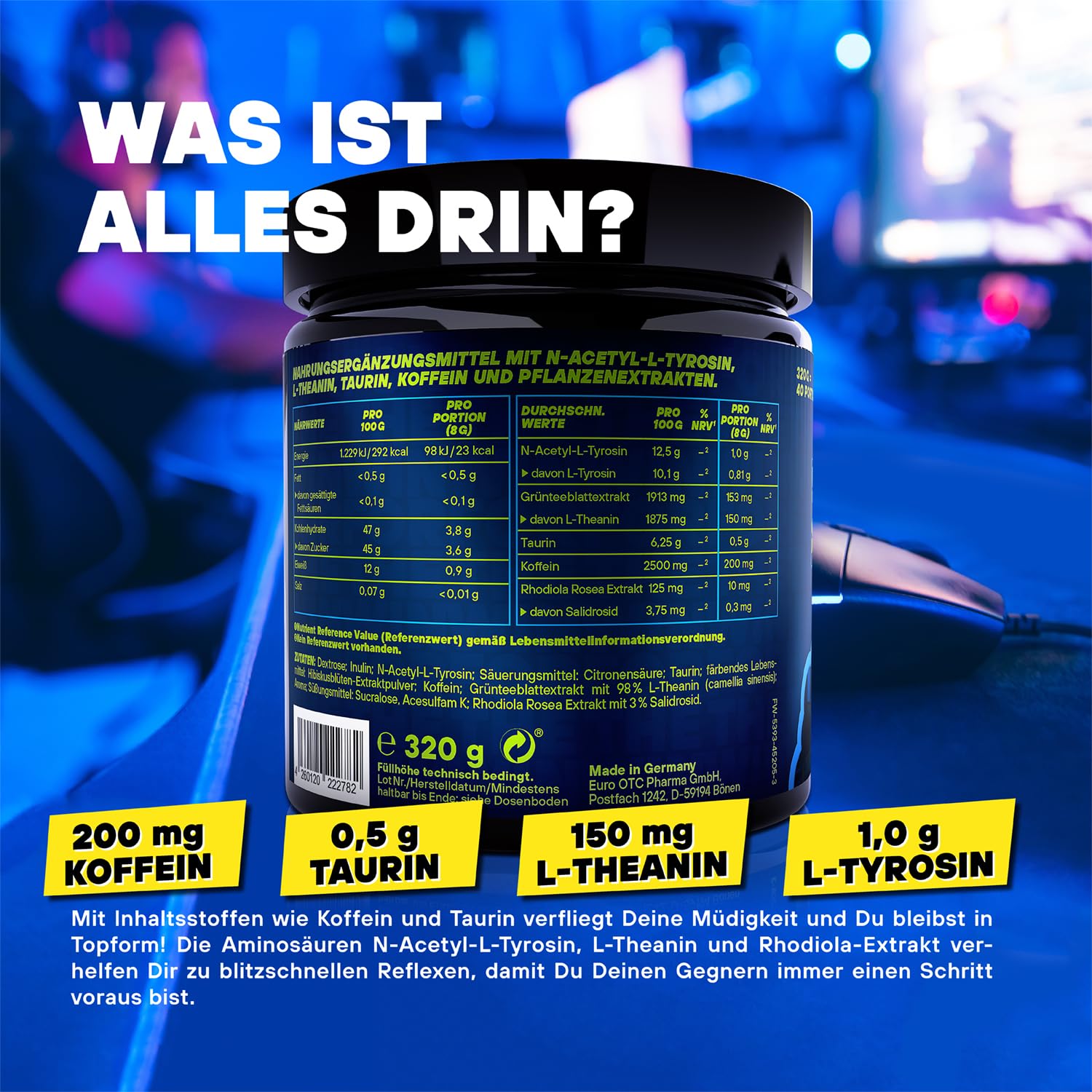 FTWIN® Nutrition Gaming Booster Nightlime Cherry (Kirsche + Limette) | für Gamer und E-Sportler, perfekt für lange und intensive Gaming-Sessions, 40 Portionen, vegan