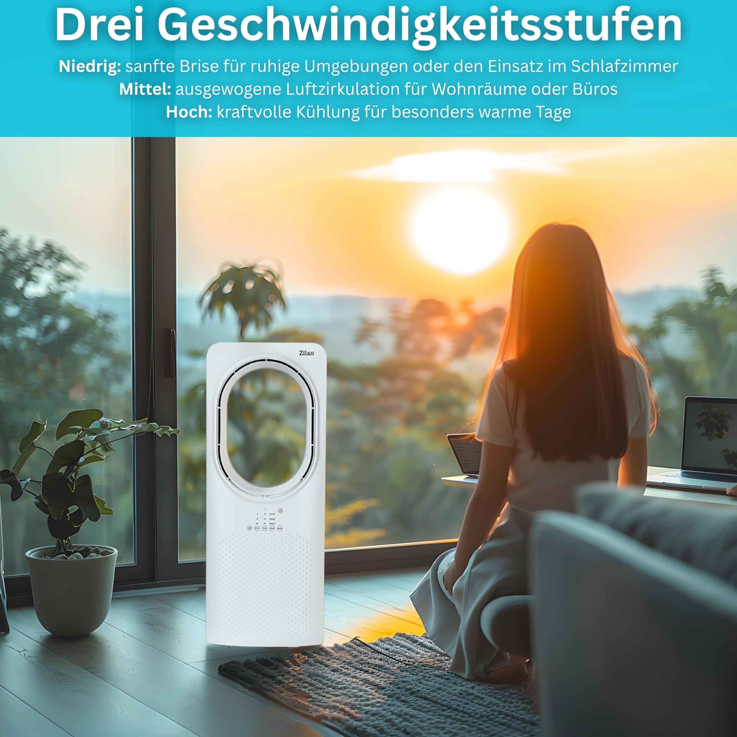 Zilan Turmventilator mit Fernbedienung Aircooler Luftkühler Design Standventilator energiesparend leise oszillierend Bodenventilator Säulenventilator mit Kühlung Tower Fan Mobile Klimaanlage
