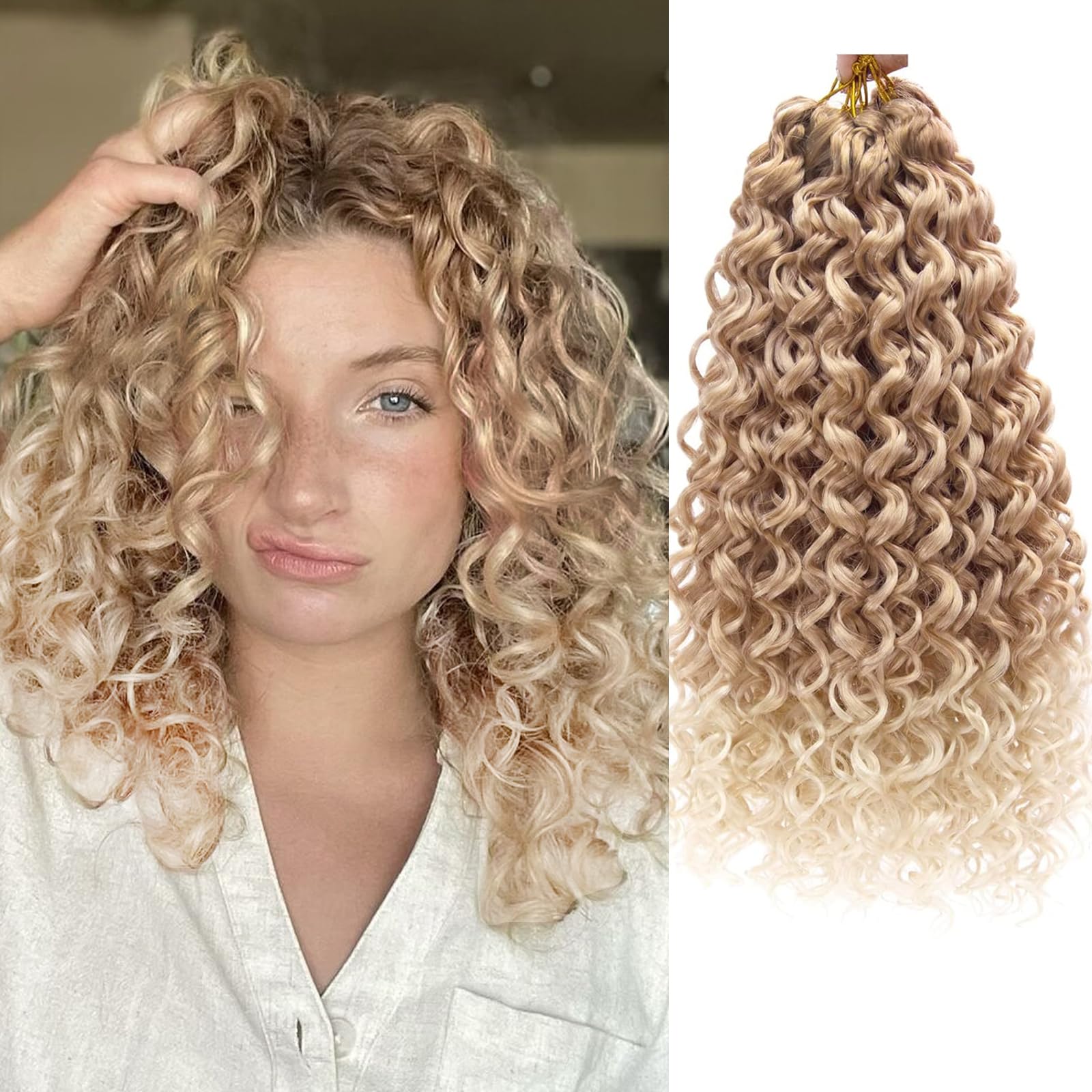 Photo 1 of GoGo Curl Crochet hair 14inch Beach Curl Crochet hair Bohemian Crochet Braids Ombre Brown Deep Wave Braiding hair Extensions (5Packs,27/613)