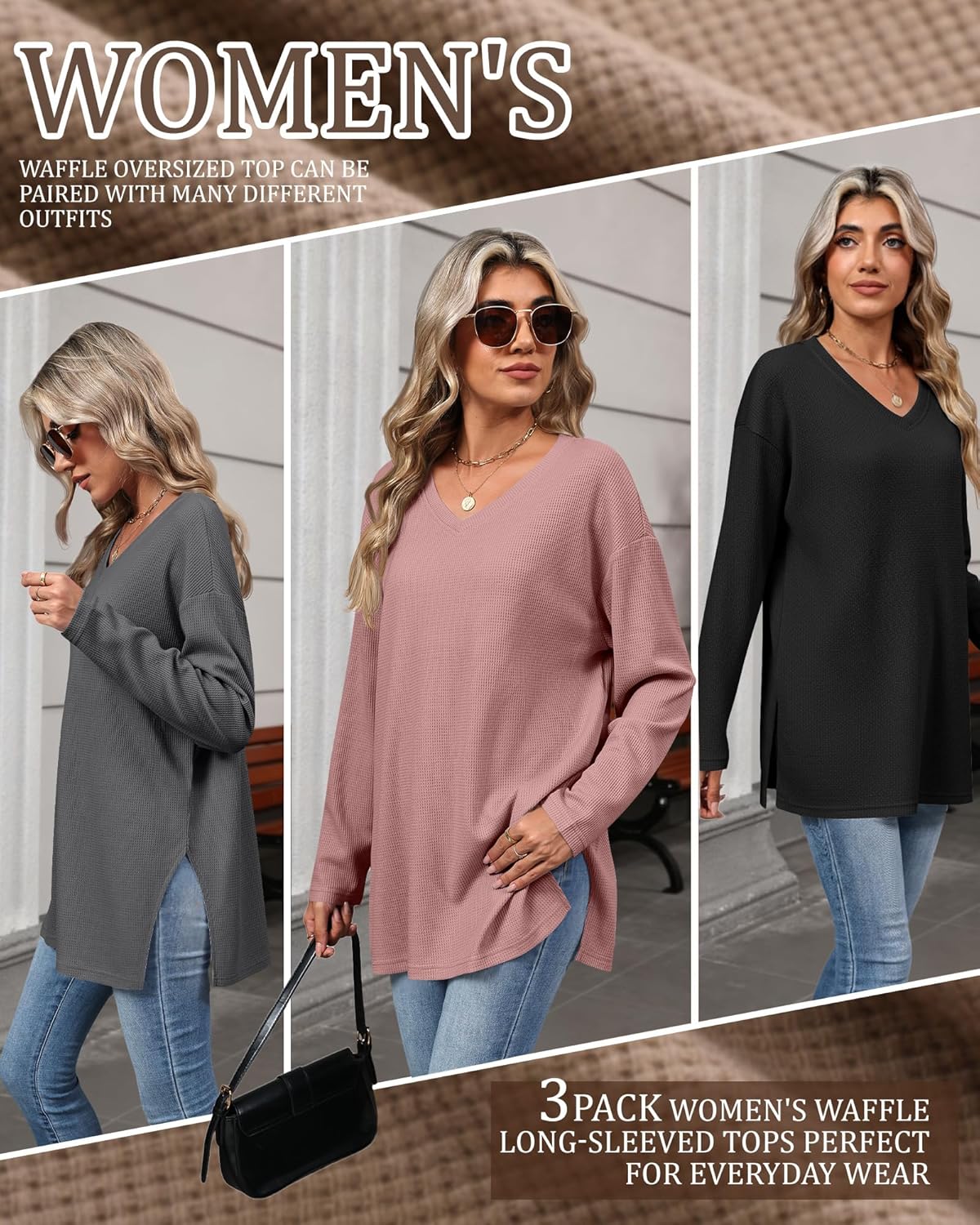 3 Pack Women’s Long Sleeve Waffle Knit Shirts Oversized V Neck Tops Loose Casual Sweatshirt Basic Side Split Tee - Image 4