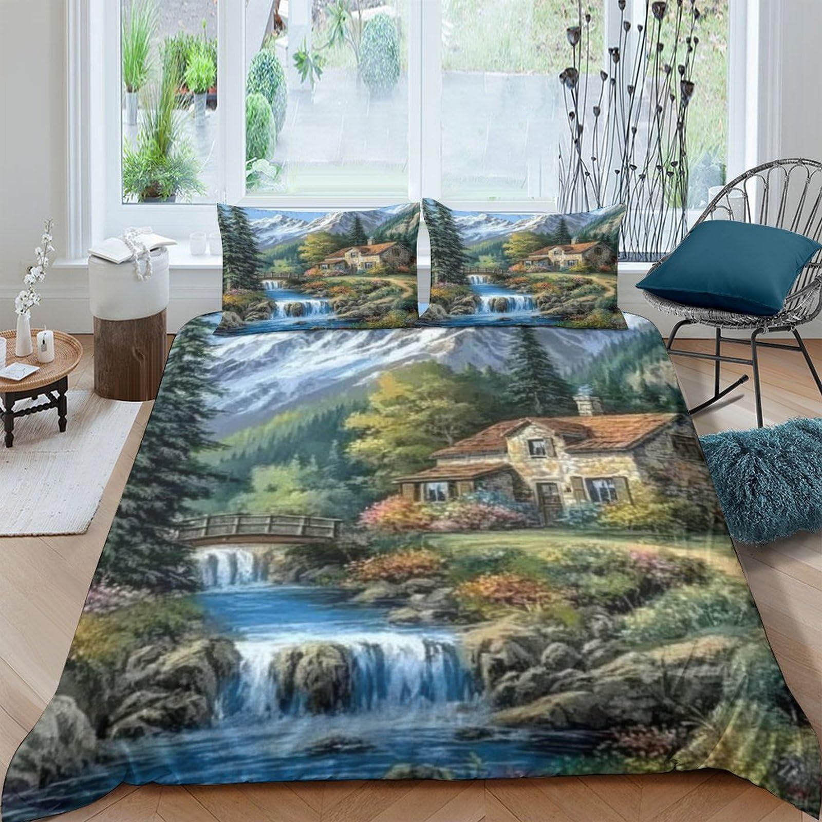 Ctjqhvkz Style-9 3D Printed Nature Cottage Fitted Sheet Microfiber Soft Scenic Waterfall Bed Cover For Bedroom Guest Room Decor Single（135X200cm）