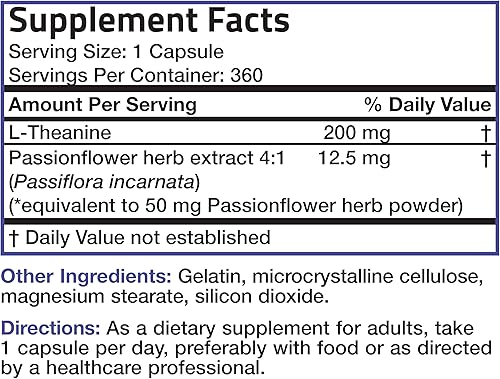 Miniatura 5 de Bronson L-teanina 200 mg (doble fuerza) con hierba de flor de pasión, suplemento de gestión del estrés sin gluten sin soja, 360 cápsulas