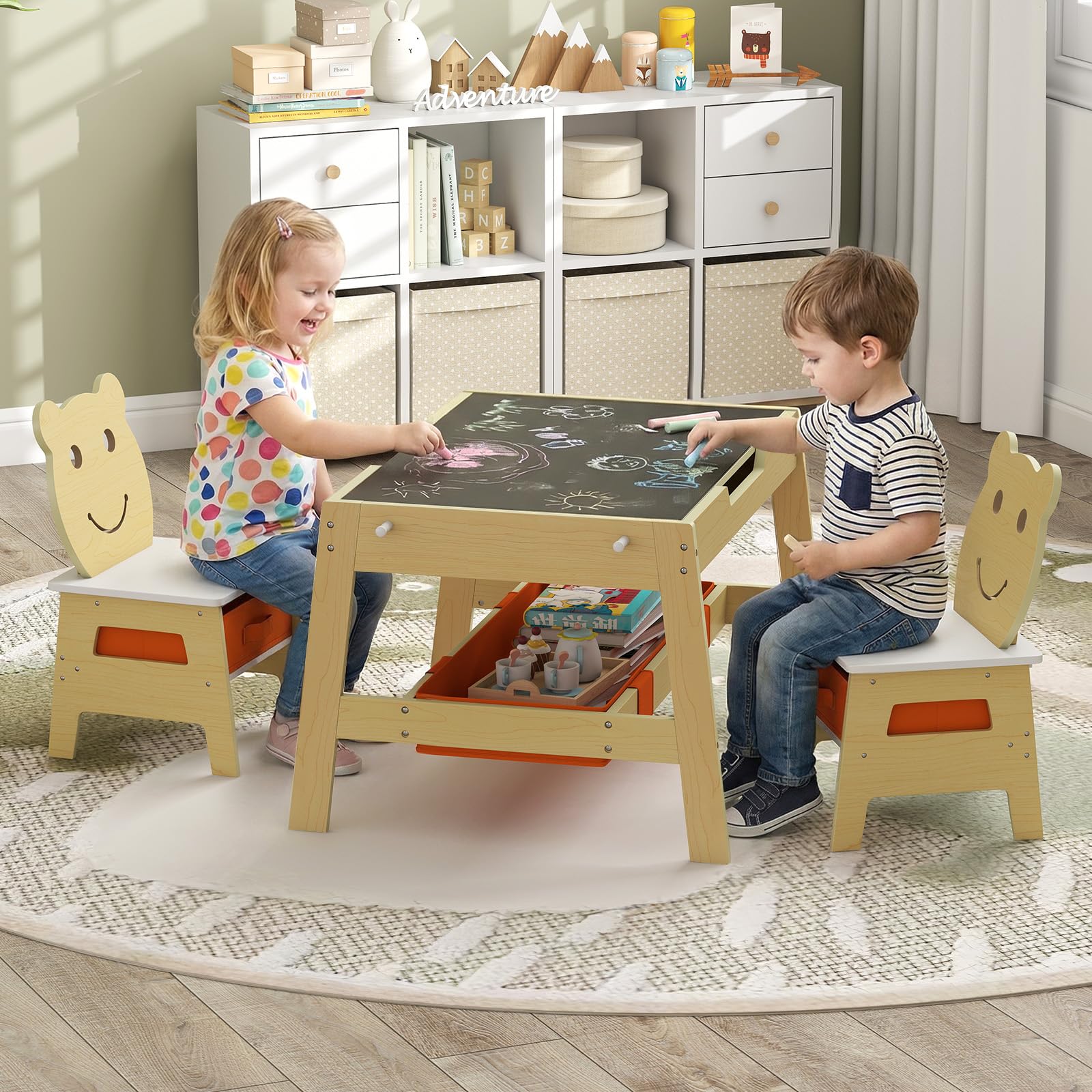 COSTWAY 5 in 1 Set Tavolino e Sedie per Bambini a Tema di Orso, Naturale