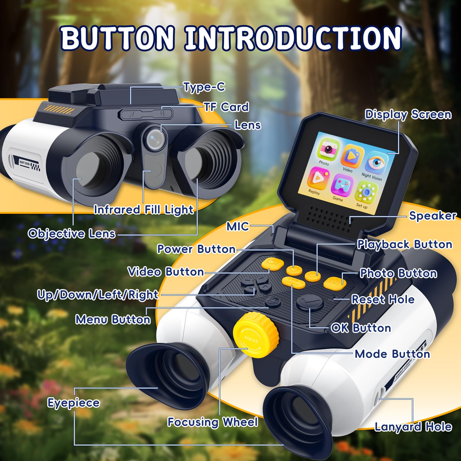 Binocolo Bambino con Fotocamera, Funzione di Visione Notturna a Infrarossi, Telescopio per Bambini 10x25, adatto a Bambini dai 4 anni in su per Birdwatching, Campeggio, Escursionismo(Bianco)