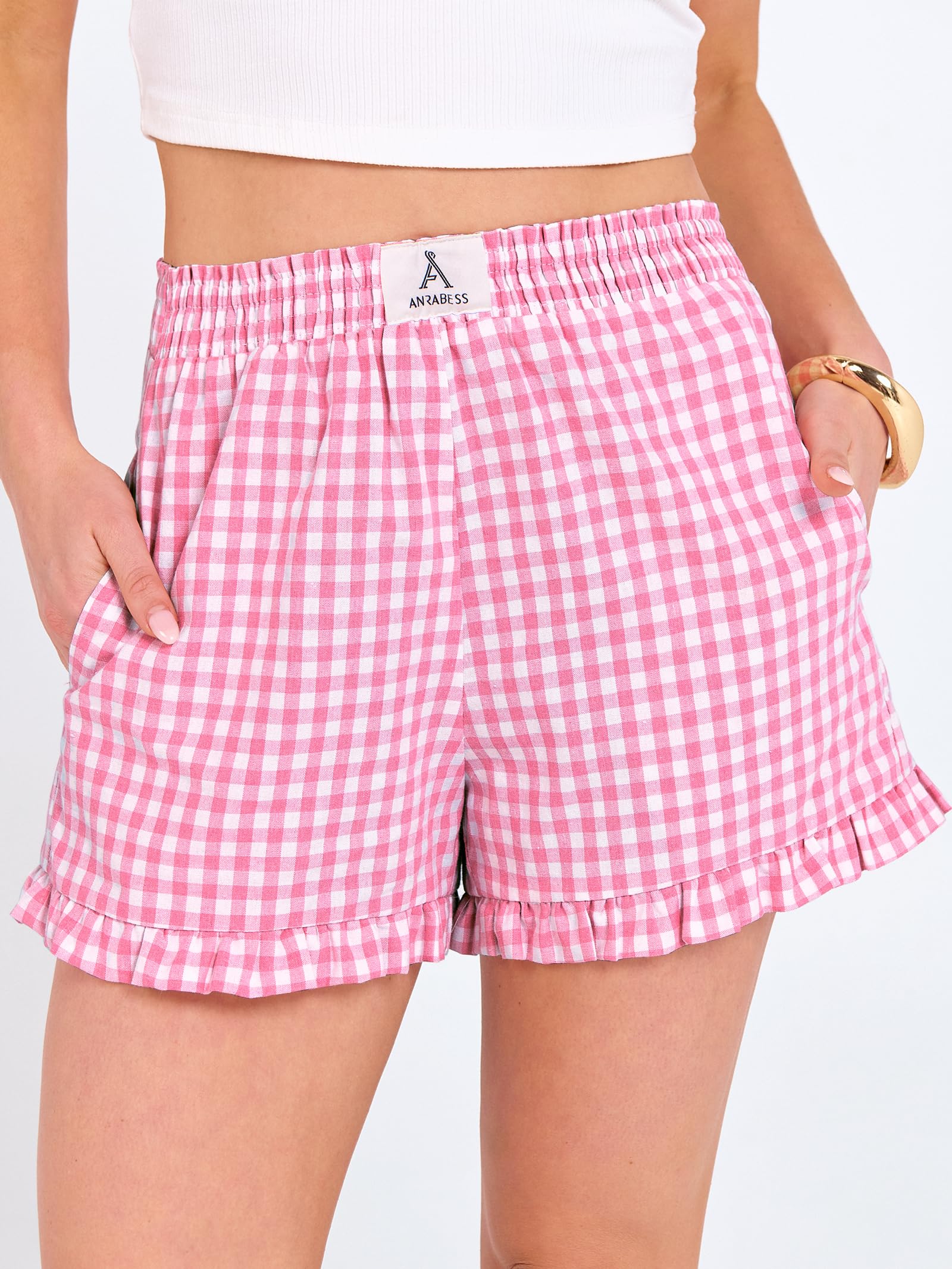 ANRABESS Womens Ruffle Boxer Shorts Pajama Gingham Shorts Summer Casual Lounge Sleep Plaid Beach Bottoms Pockets 2026 Trendy